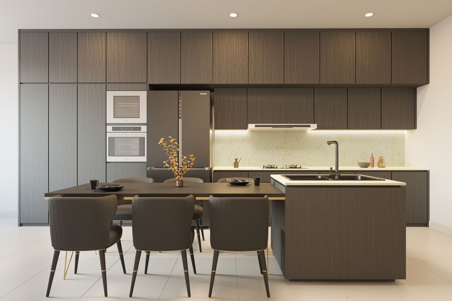 Contemporary Island Kitchen Design with Multifunctional Dining Table
