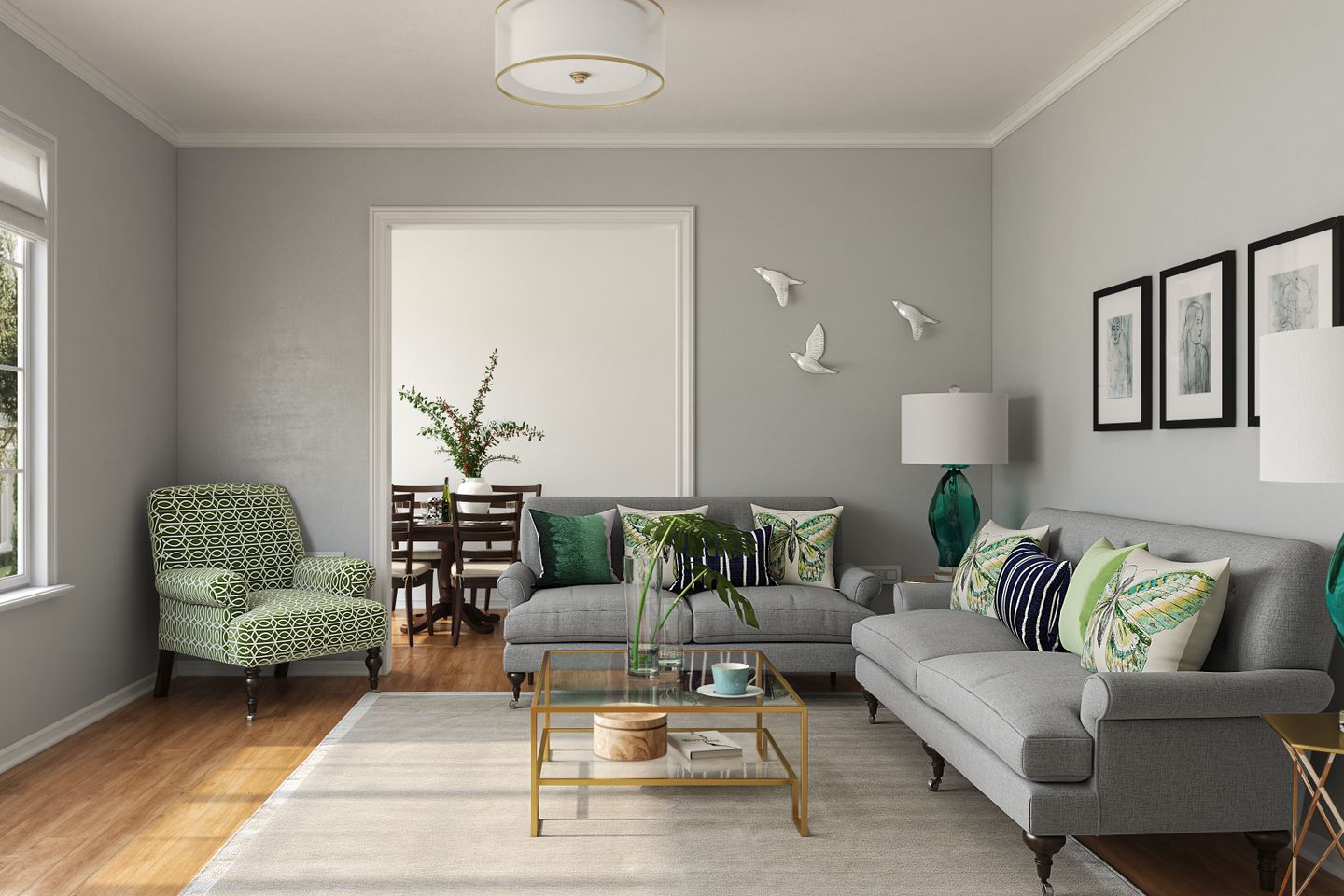 Contemporary Grey Themed Living Room With Green Accents Livspace
