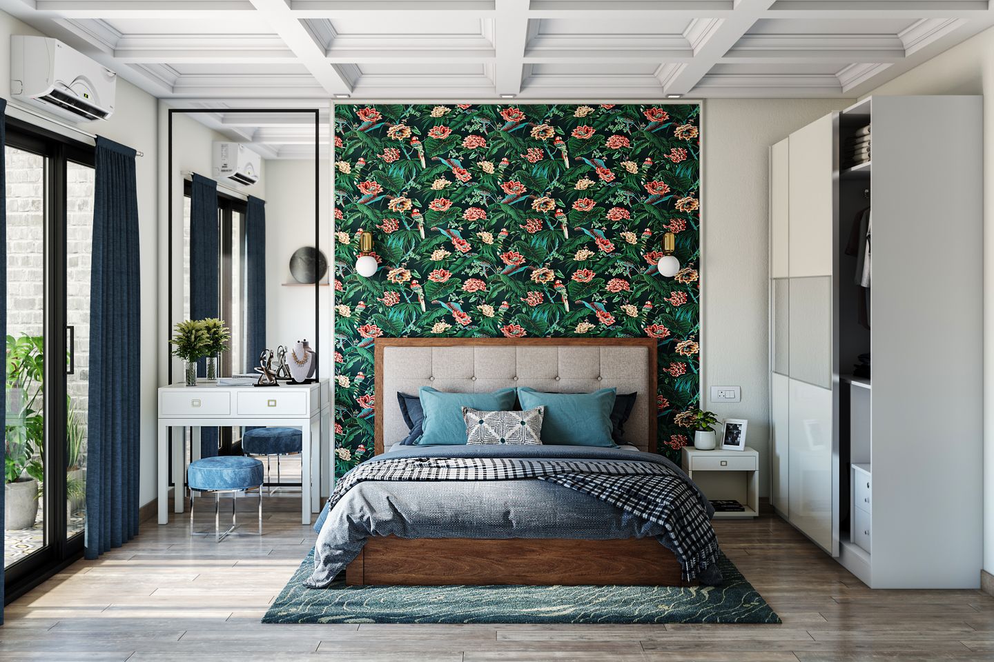 Modern Master Bedroom With Floral Wallpaper - Livspace