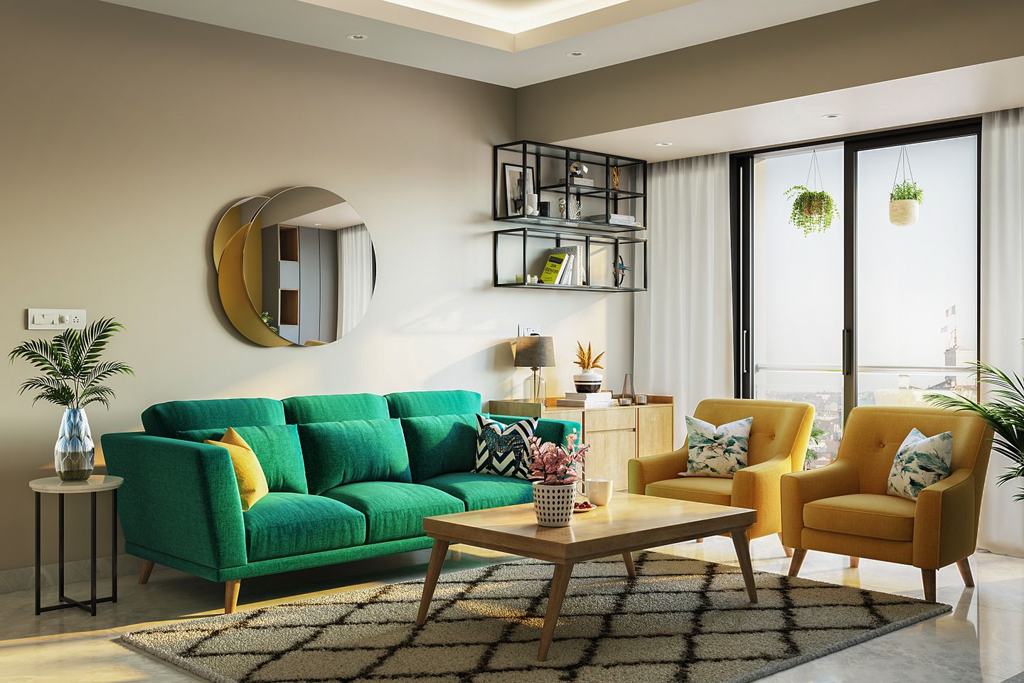 Green And Yellow Living Room - Livspace