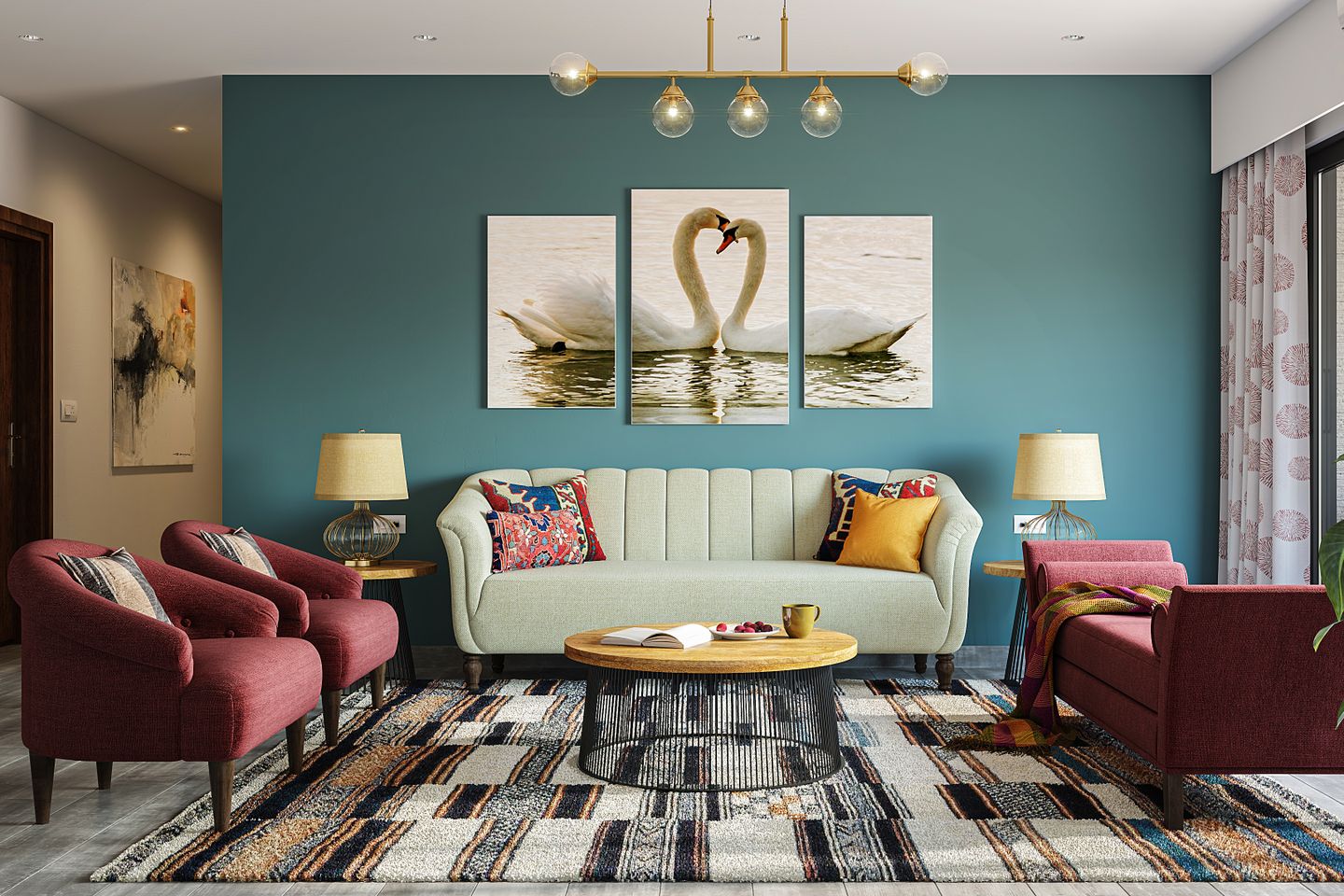 Colourful U-Shaped Living Room - Livspace