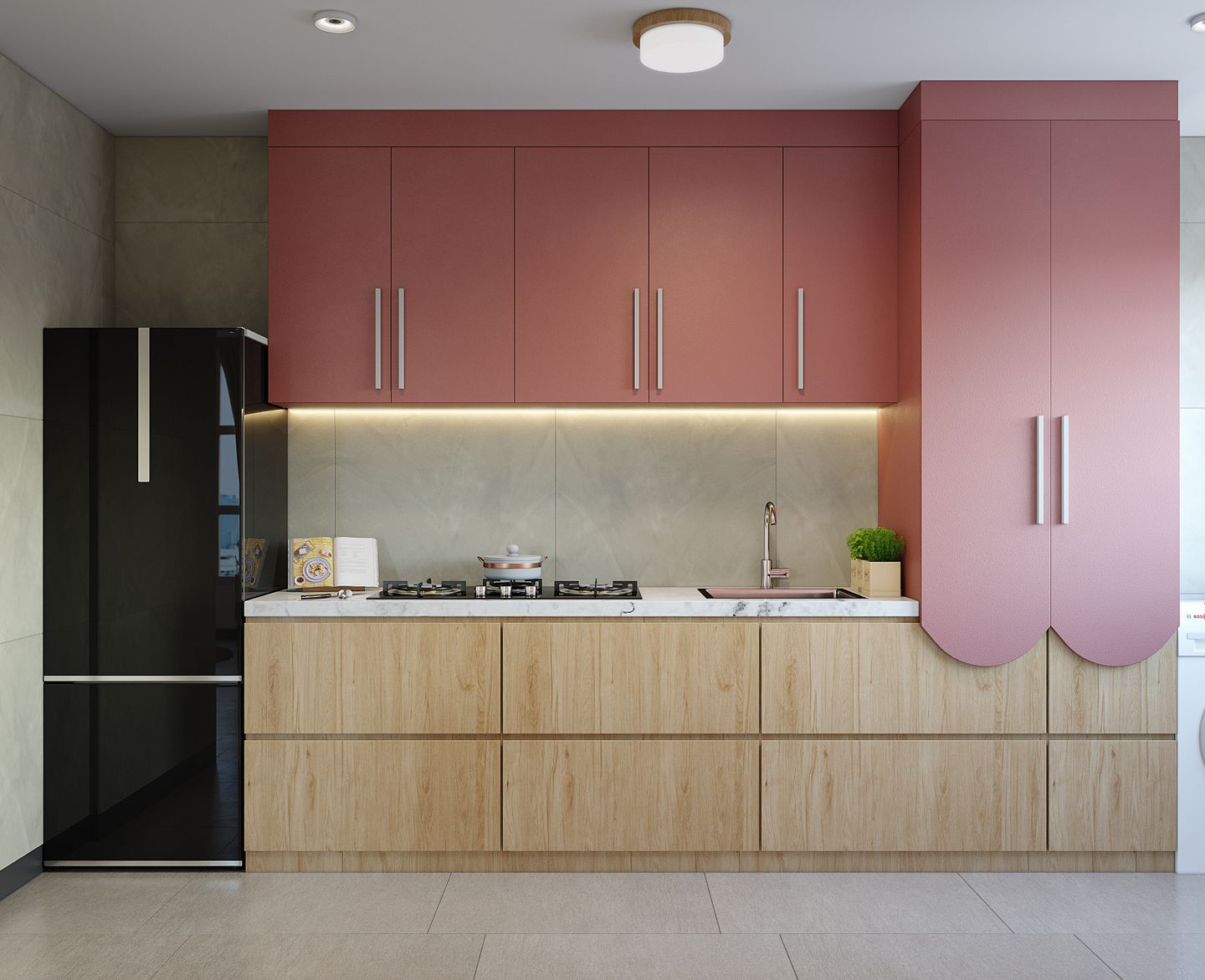 Pink And Brown Straight Kitchen Design - Livspace