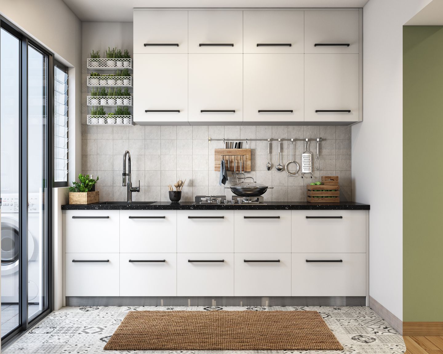 Straight Kitchen Design In White With Quartz Countertop - Livspace