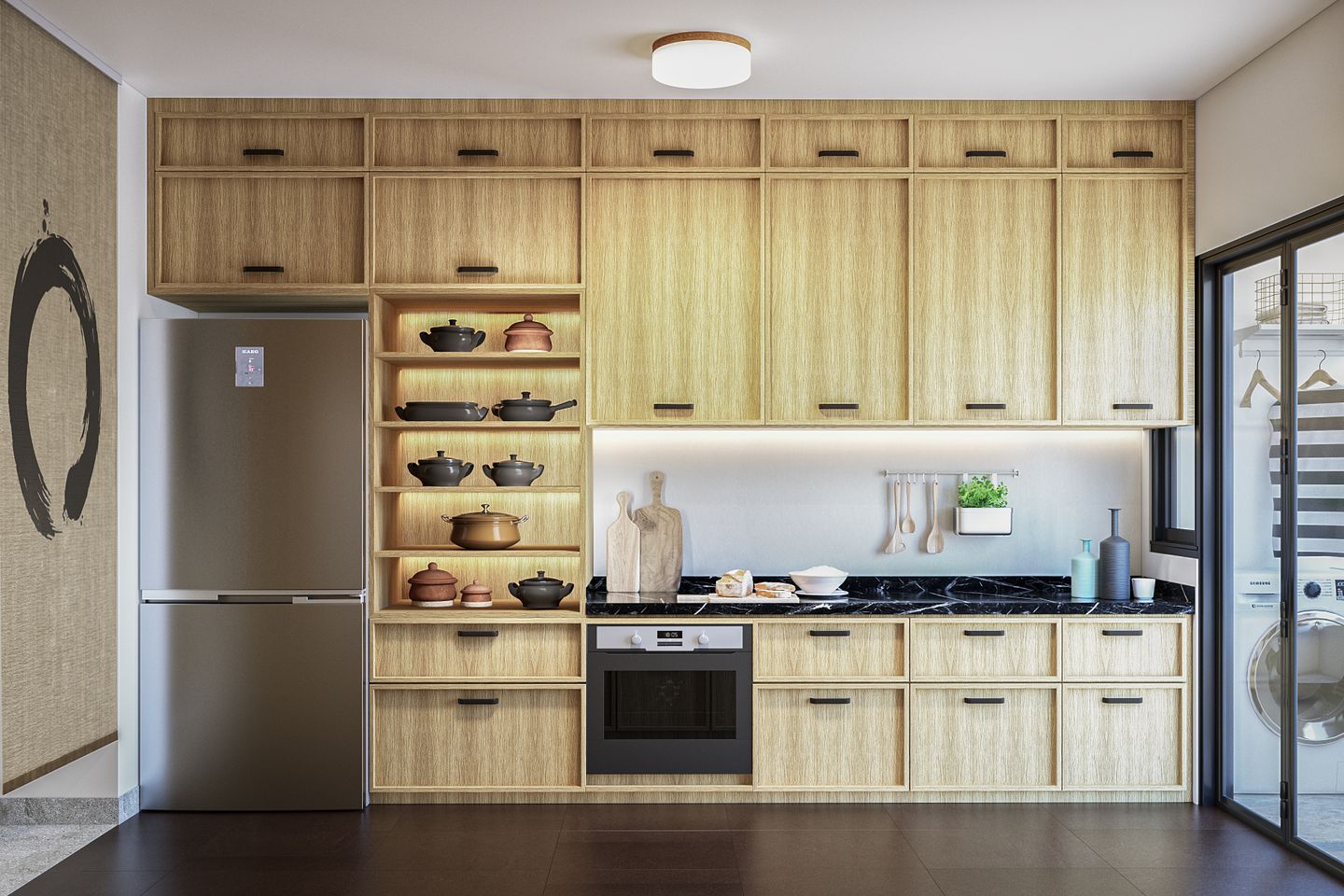 Brown Straight Kitchen Design With Quartz Countertop - Livspace