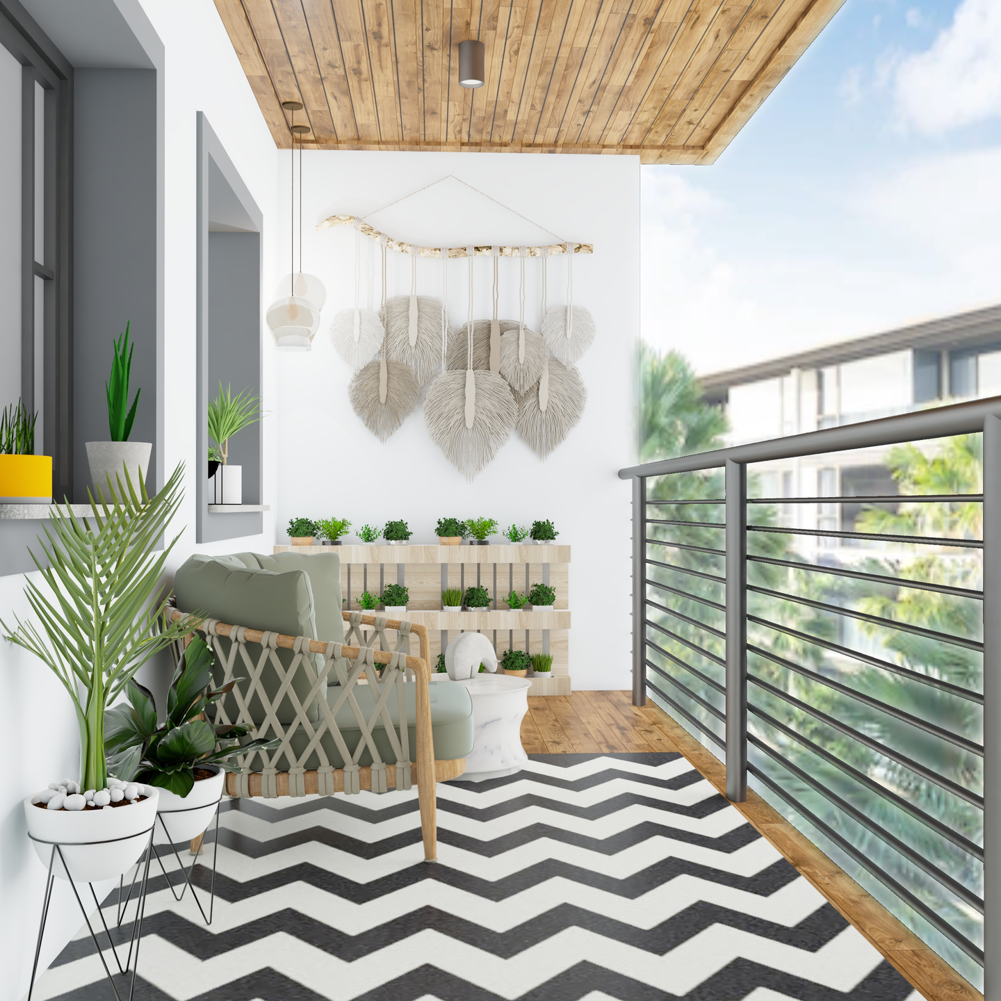 Wooden Flooring and Ceiling Compact Balcony Design with Macrame Art - Livspace