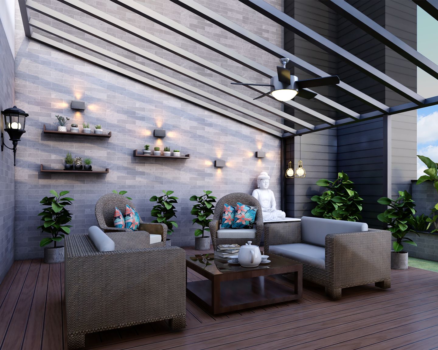 Contemporary Spacious Balcony Design with Shelves and Plants - Livspace