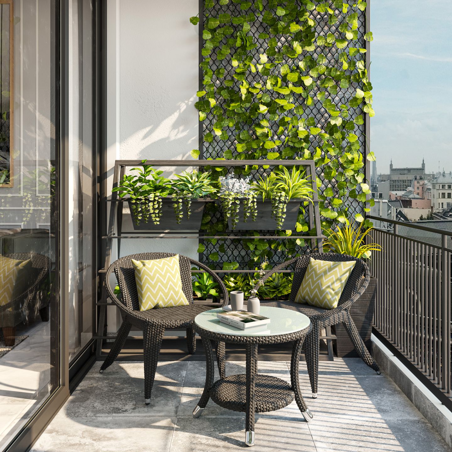 Modern Spacious Balcony Design with Railing and Plants - Livspace