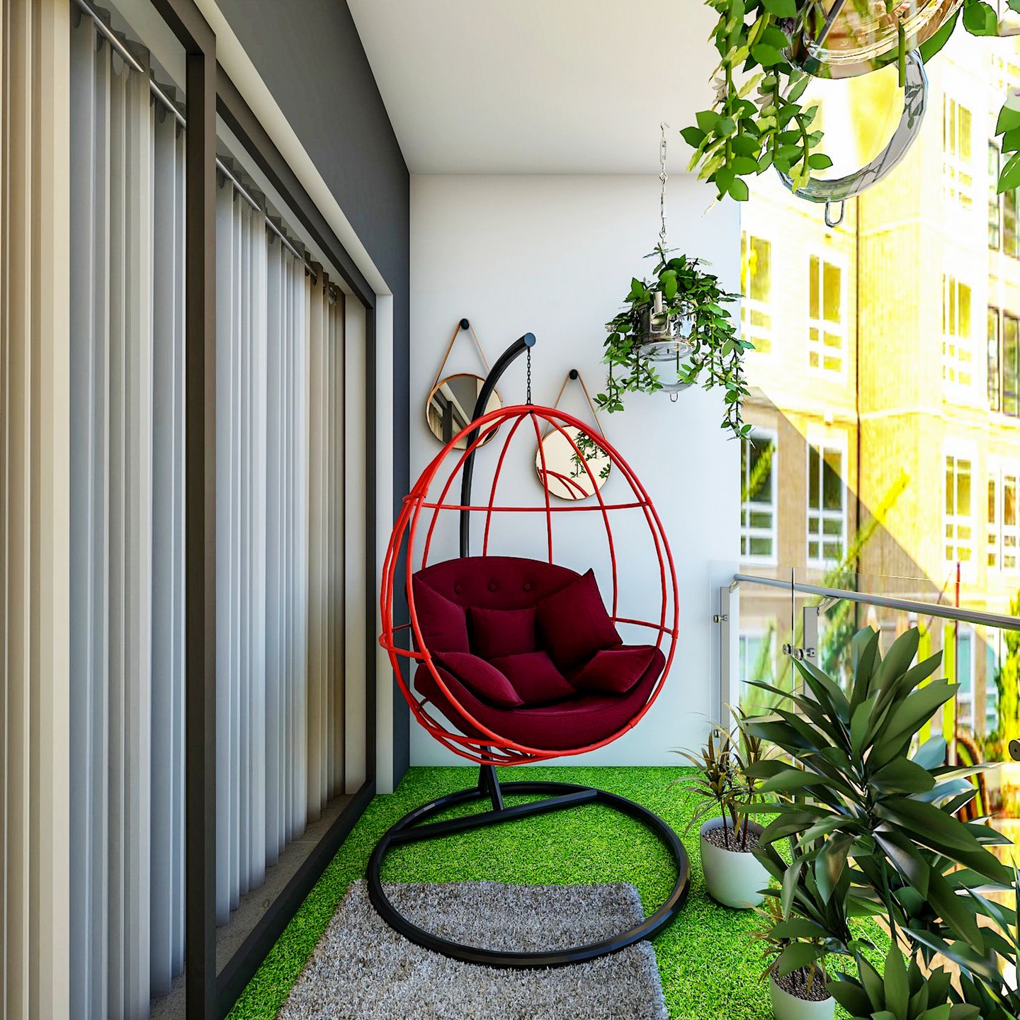 Compact Balcony Design with Red Swing Chair with Planters - Livspace