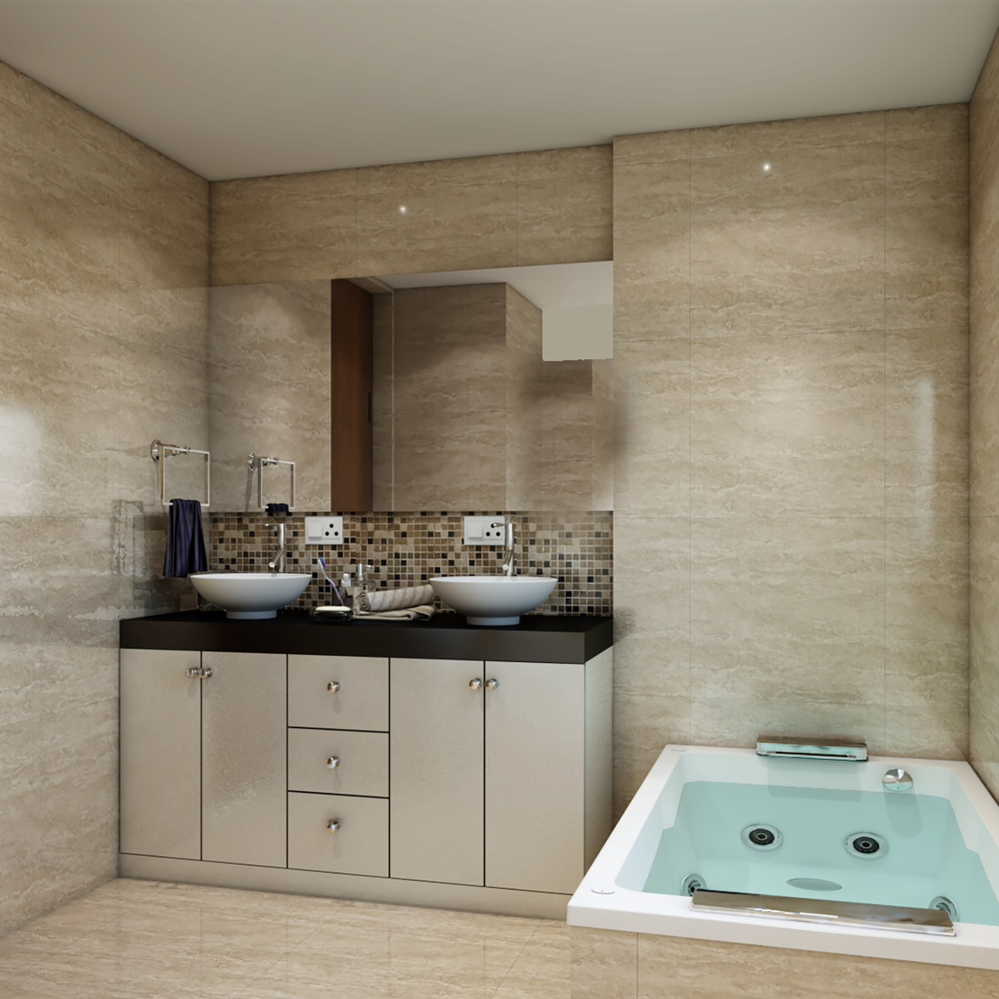 Subtle & Classy Washroom With Contemporary Interiors & Huge Bathtub - Livspace