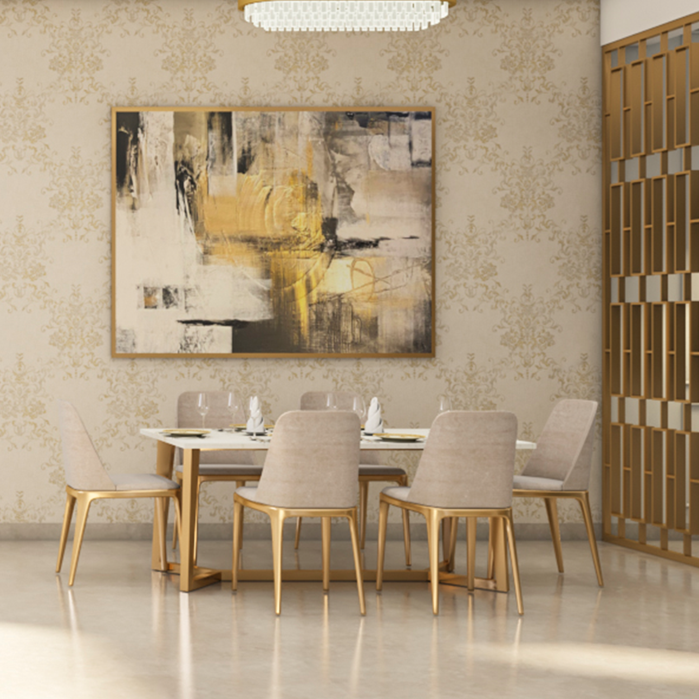 Gold Partition 6-Seater Dining Room Design with Wall Painting - Livspace