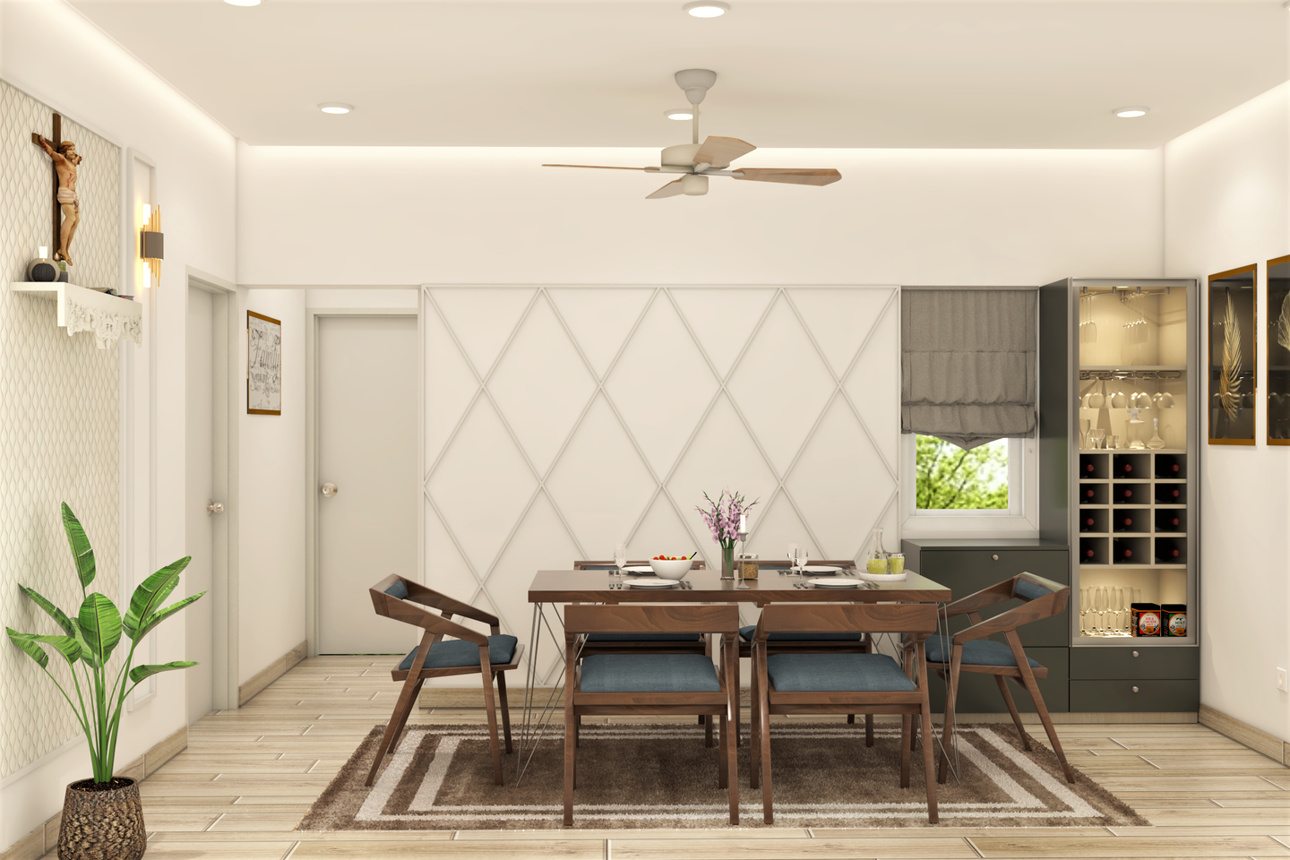 Diamond Trim Detail 6-Seater Modern Dining Room with Crockery Unit - Livspace
