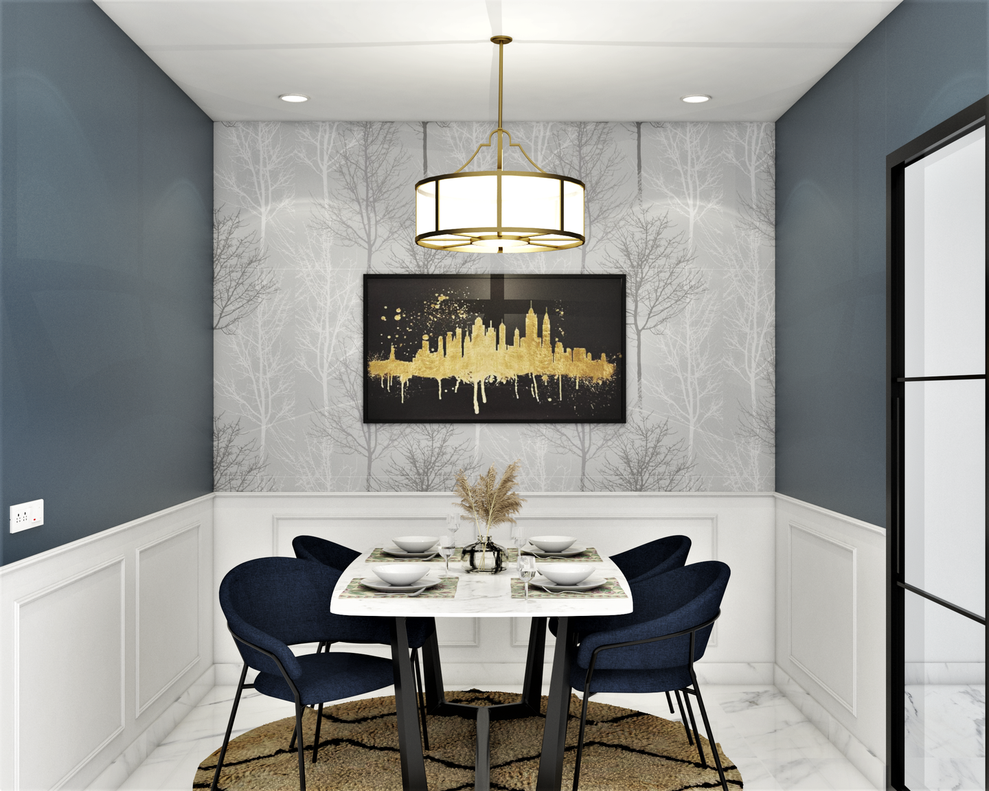 Compact 4-Seater Dining Room Design Idea with Abstract Wallpaper - Livspace