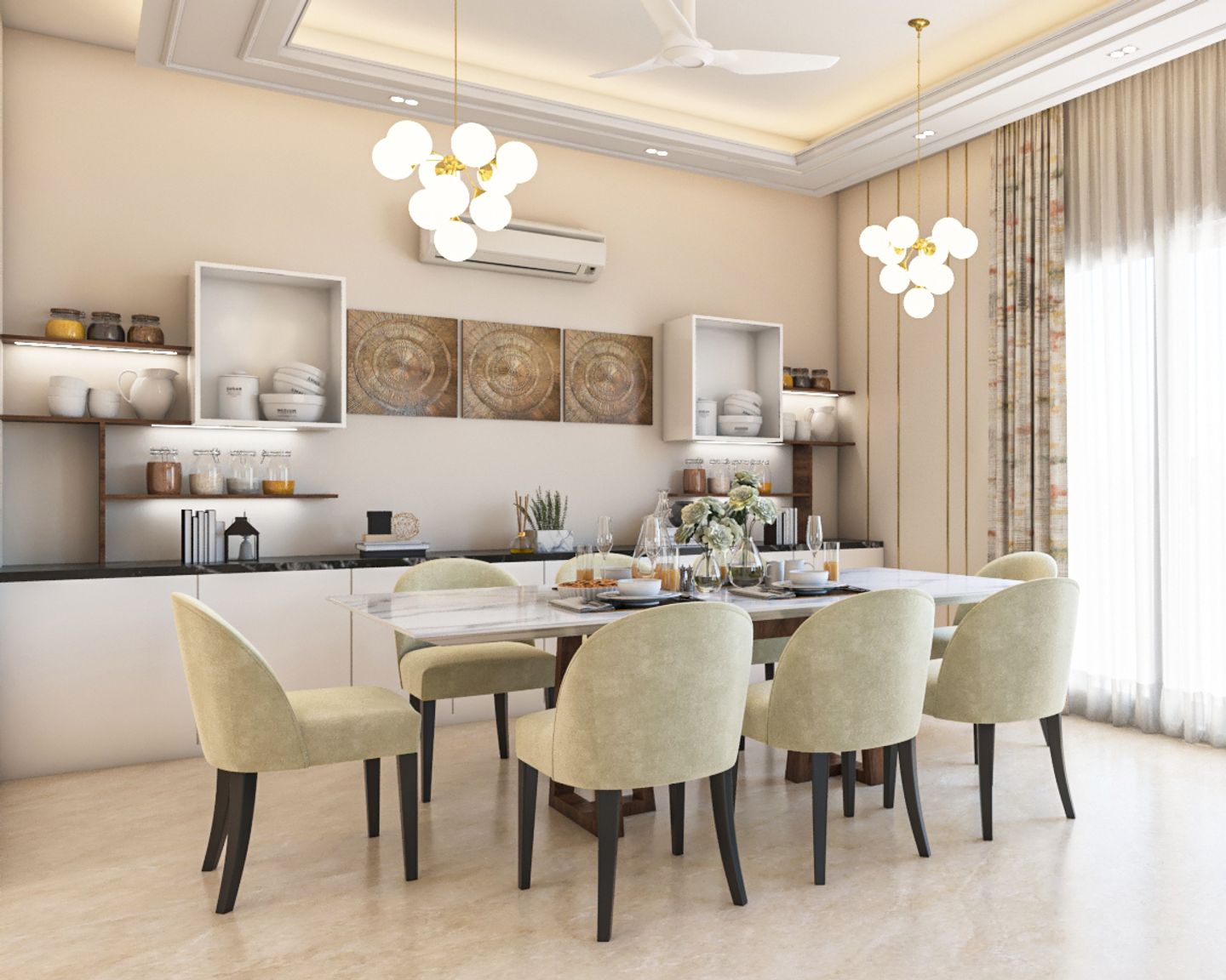 Modern Spacious Dining Room With Well Lit White Interiors | Livspace