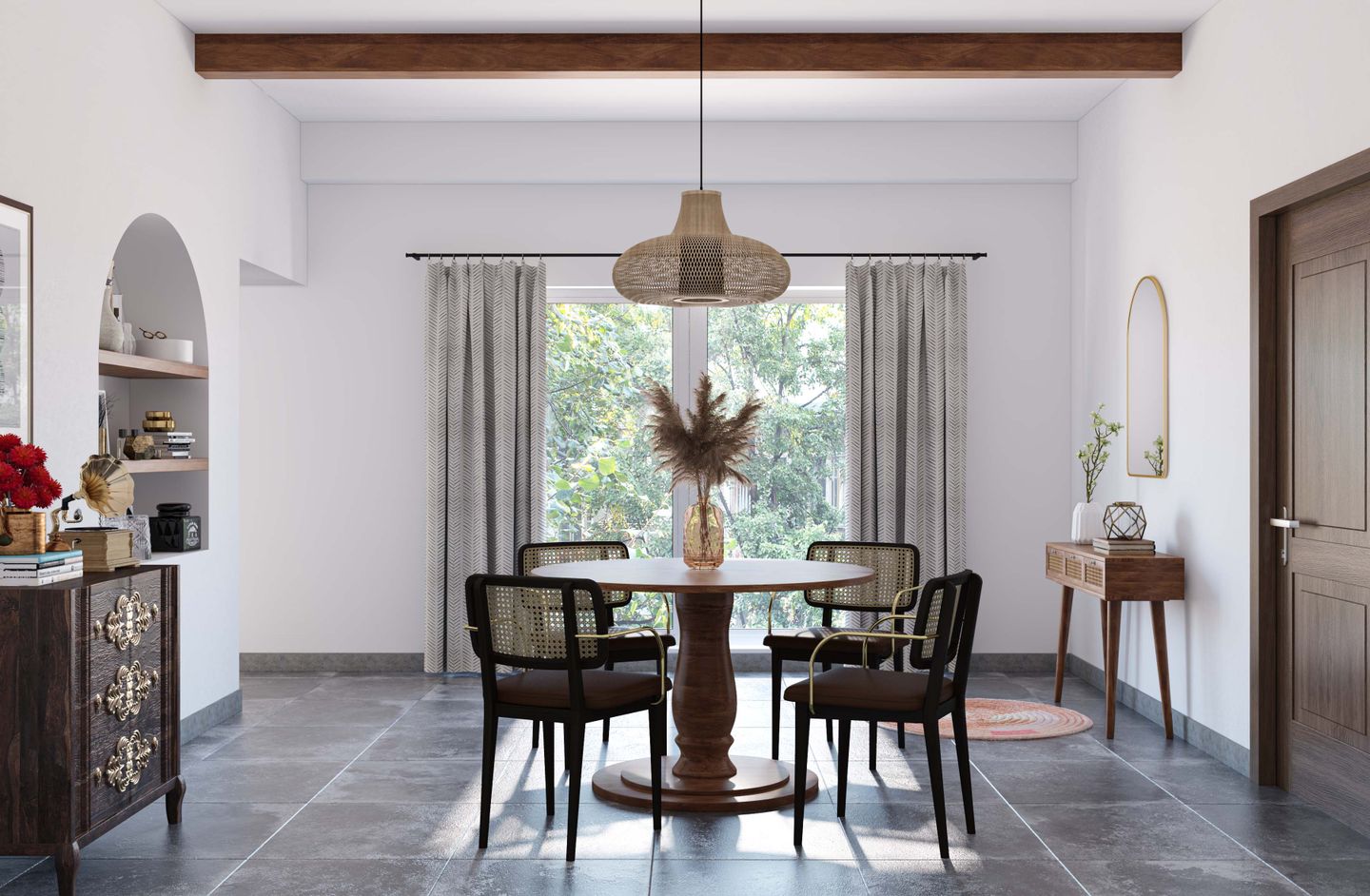 Convenient Dining Room With Contemporary Interiors With Traditional Touch - Livspace