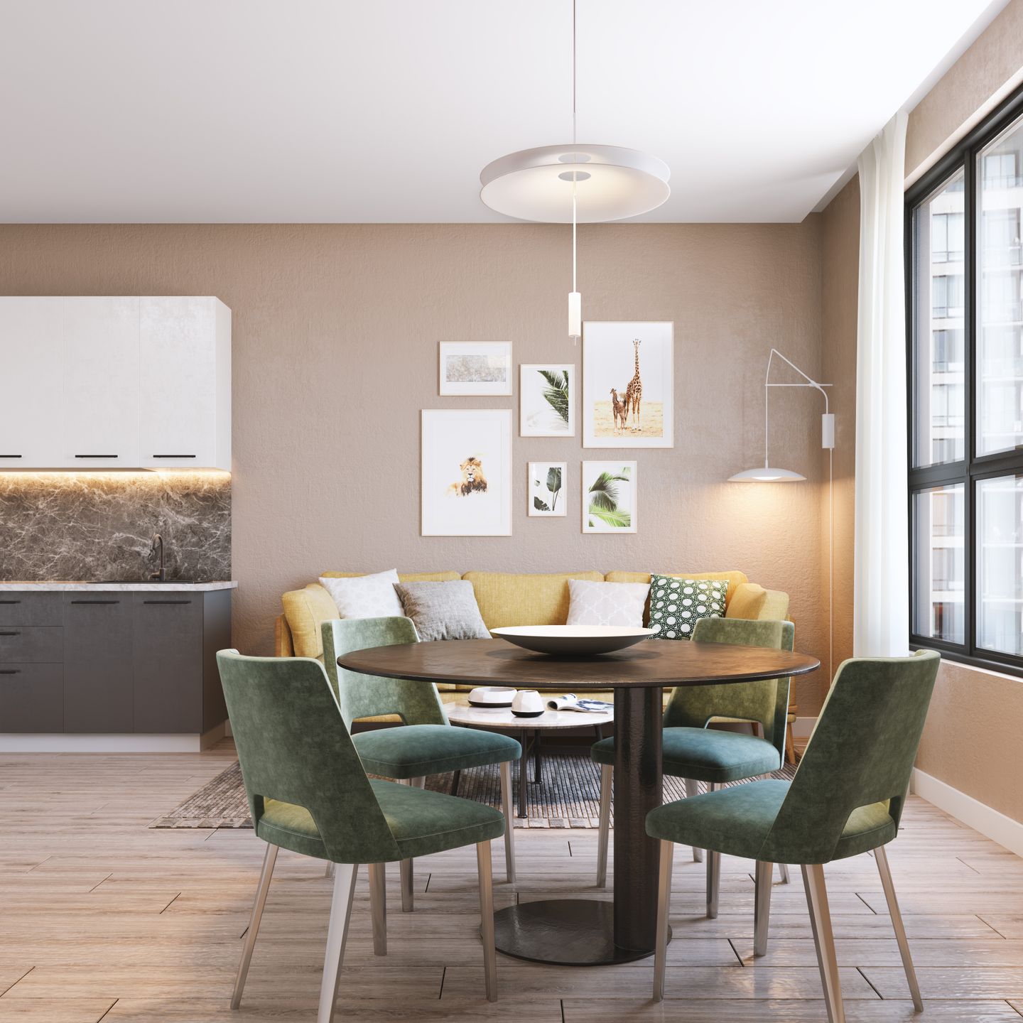 Modern Spacious Dining Room With Yellow-Green Seating - Livspace