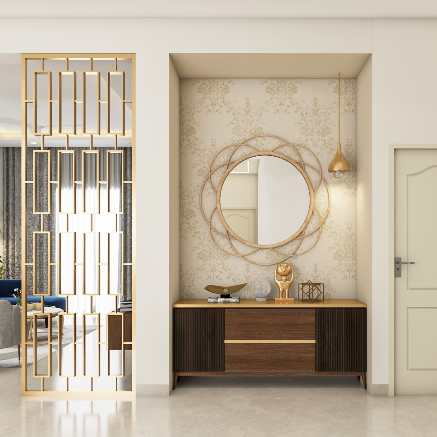 Golden Classic Compact Foyer Design Idea with Mirror - Livspace