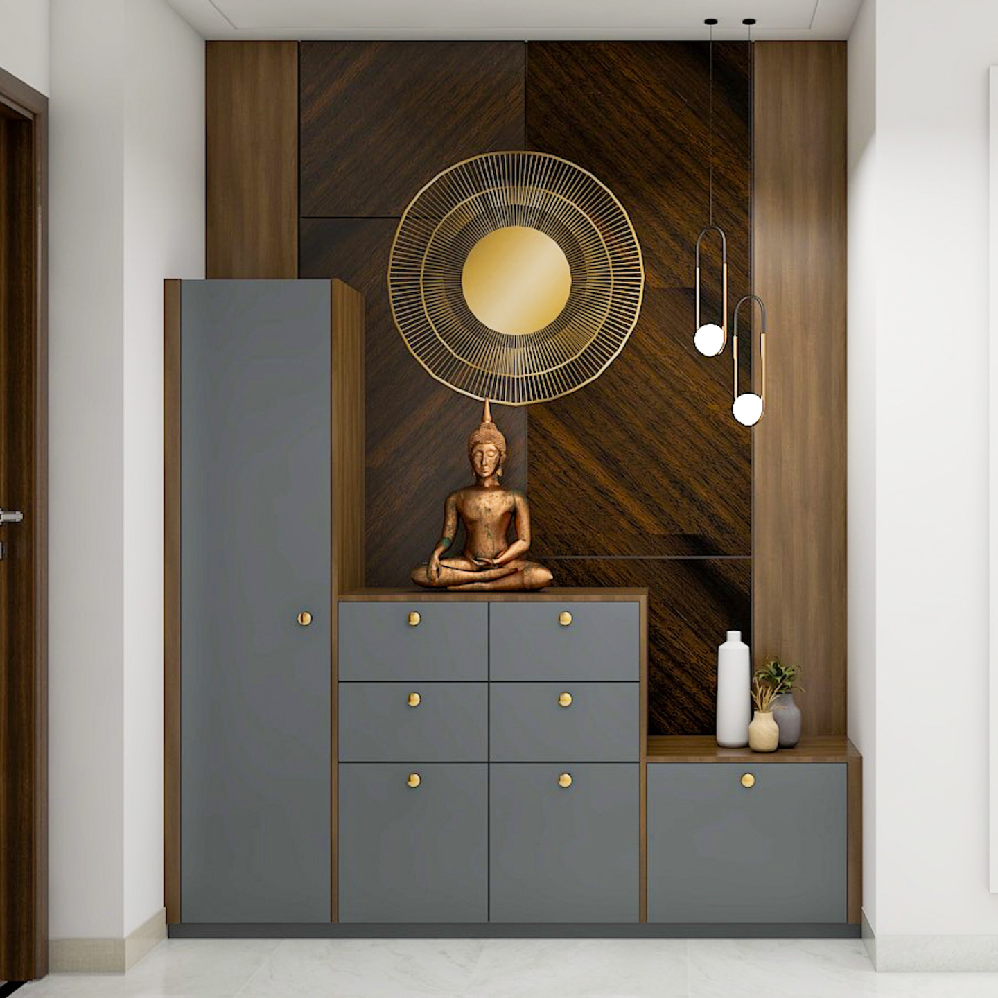 Buddha Grey Modern Spacious Foyer Design Idea with Drop Lights - Livspace