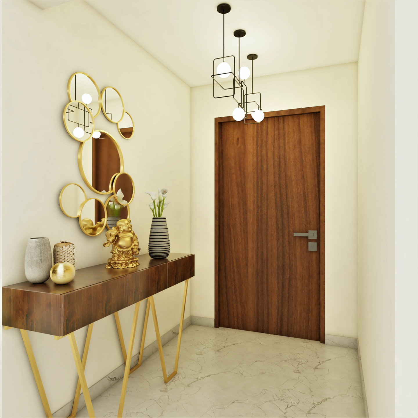 Golden Classic Spacious Foyer Design Idea with Black Ceiling Lights - Livspace
