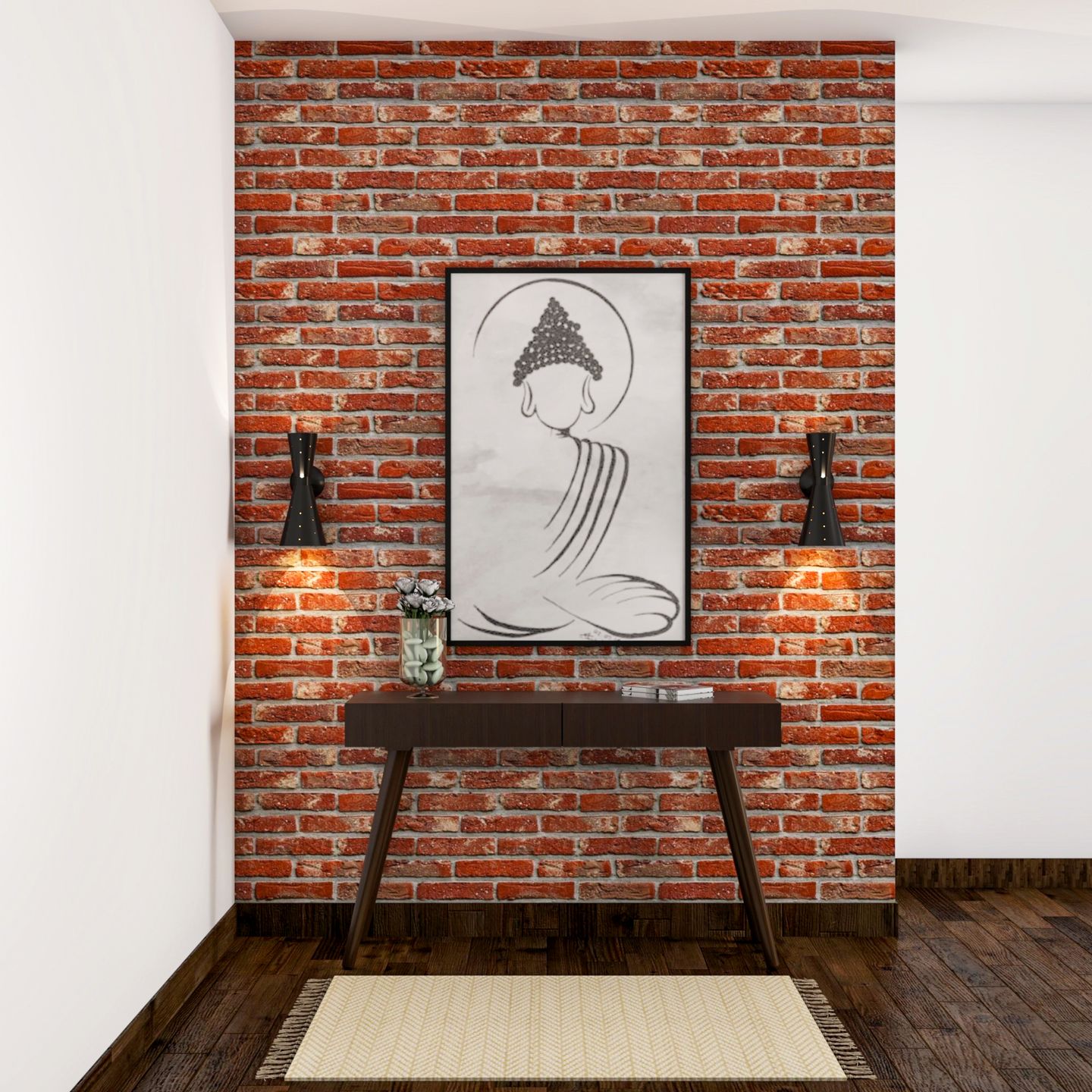 Brick Wall Modern Compact Foyer Design with Buddha Painting - Livspace