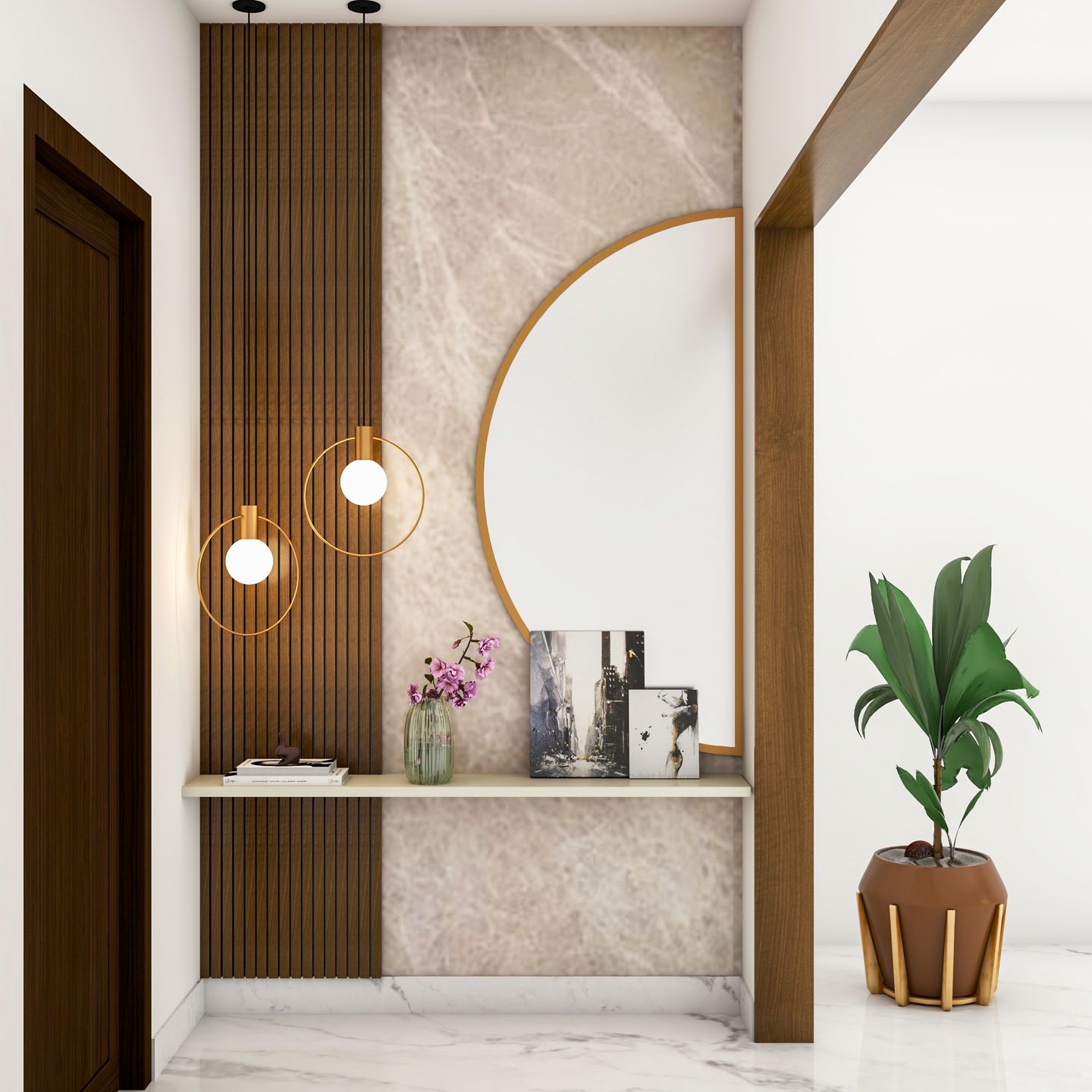 Modern Foyer Design with Large Half Mirror and Hanging Lights Livspace