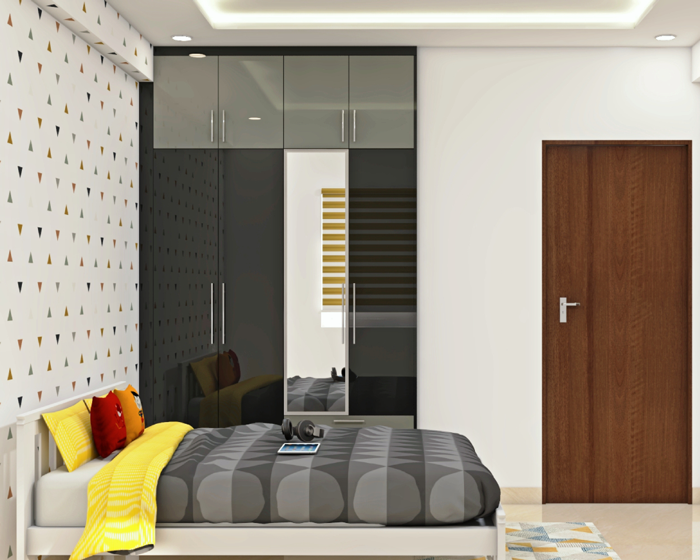 Contemporary Bedroom with Black Wardrobe - Livspace