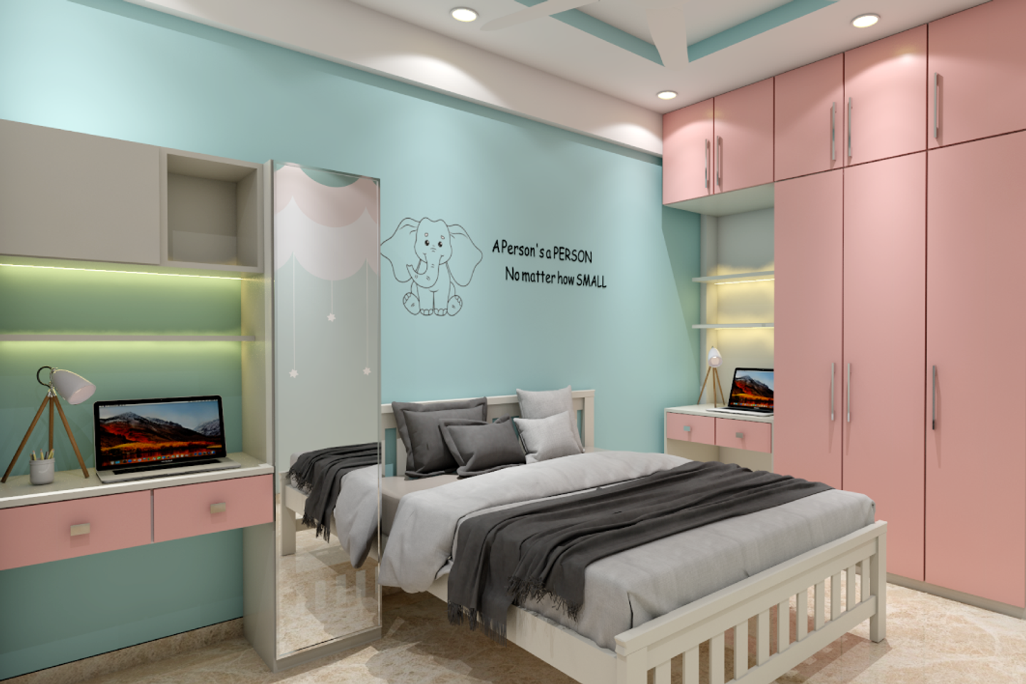 Pink and Blue Kids Bedroom - Livspace