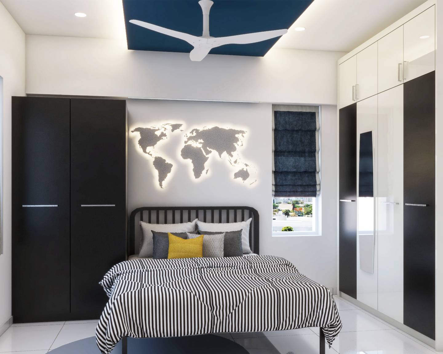 Compact Bedroom with World Map Mural - Livspace
