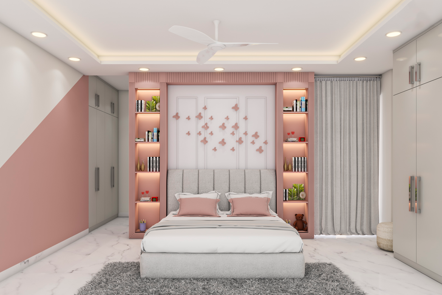 Pink and Grey Kids Bedroom - Livspace