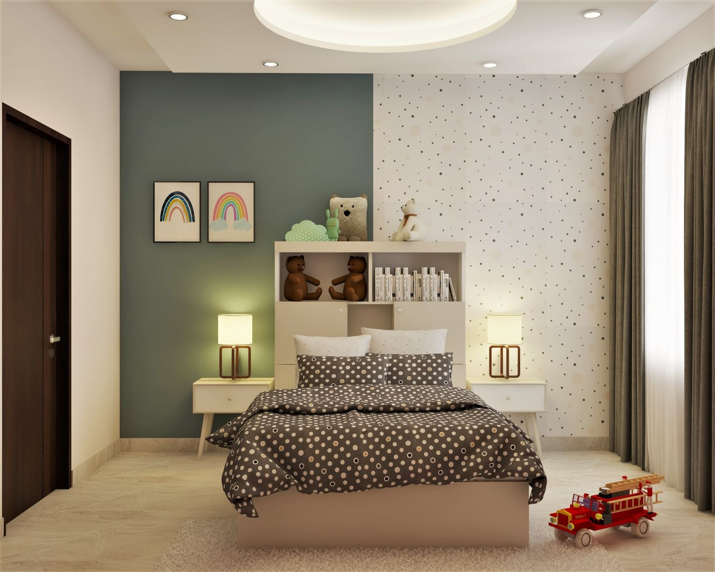 Spacious Sage-Green Kids Bedroom - Livspace