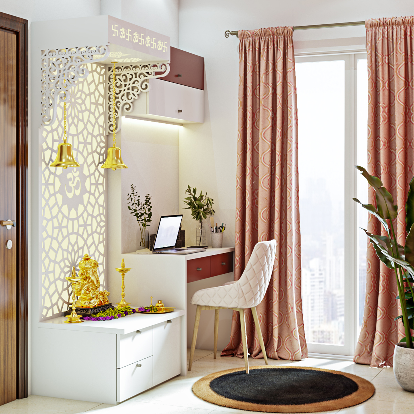 Blush Pink Bedroom with Pooja Corner - Livspace