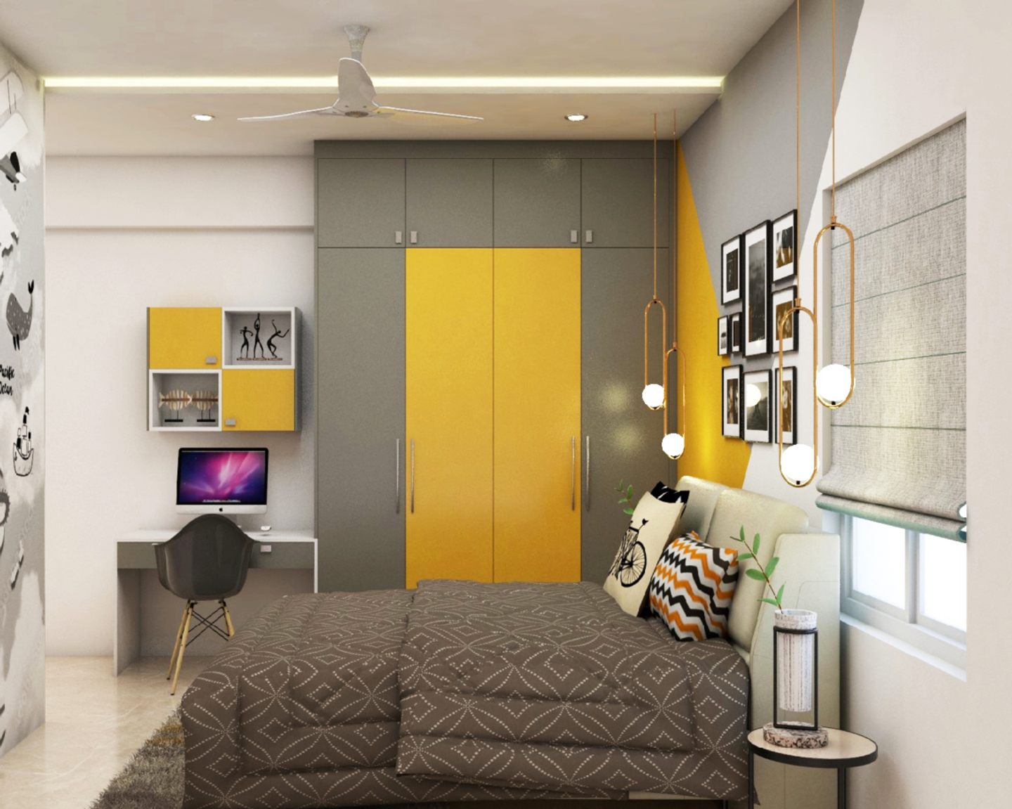 Yellow and Grey Kids Bedroom - Livspace