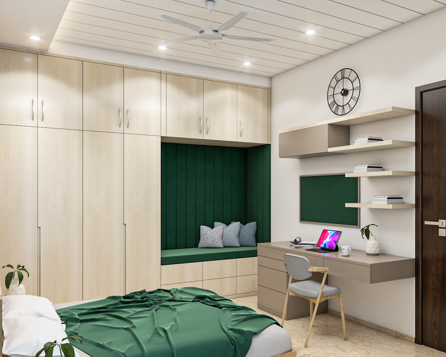 Modern Bedroom with Dark Green Seater - Livspace