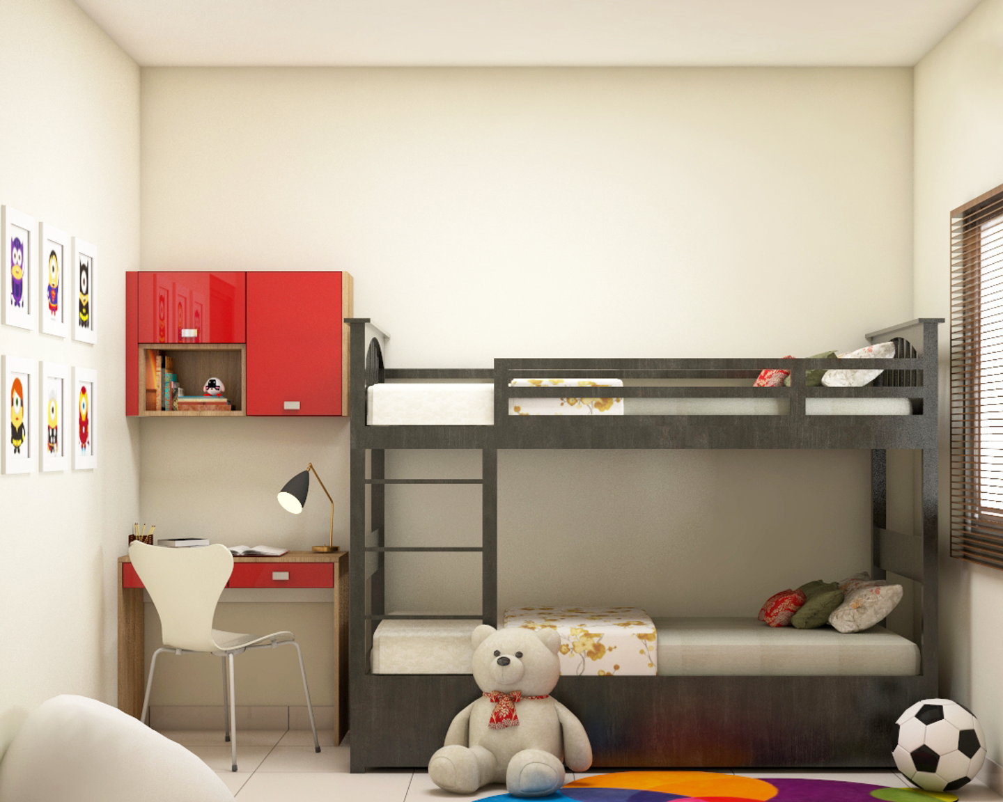 Kids Bedroom with Glossy Red Wardrobe - Livspace