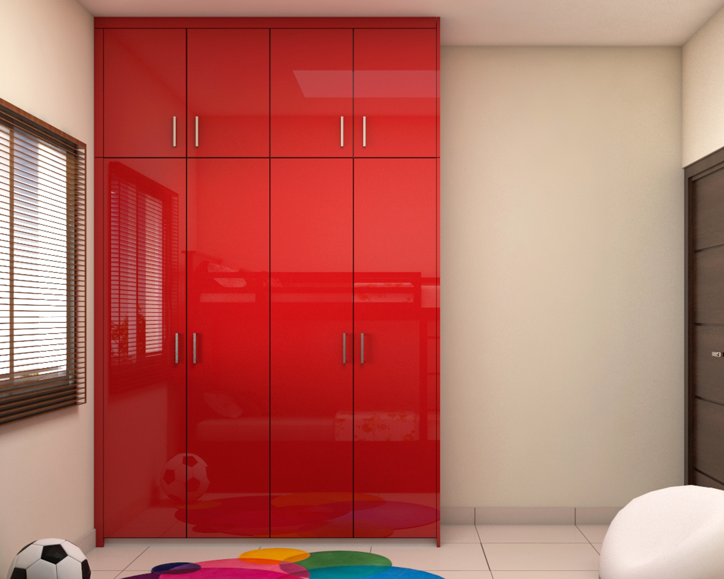 Kids Bedroom with Glossy Red Wardrobe - Livspace