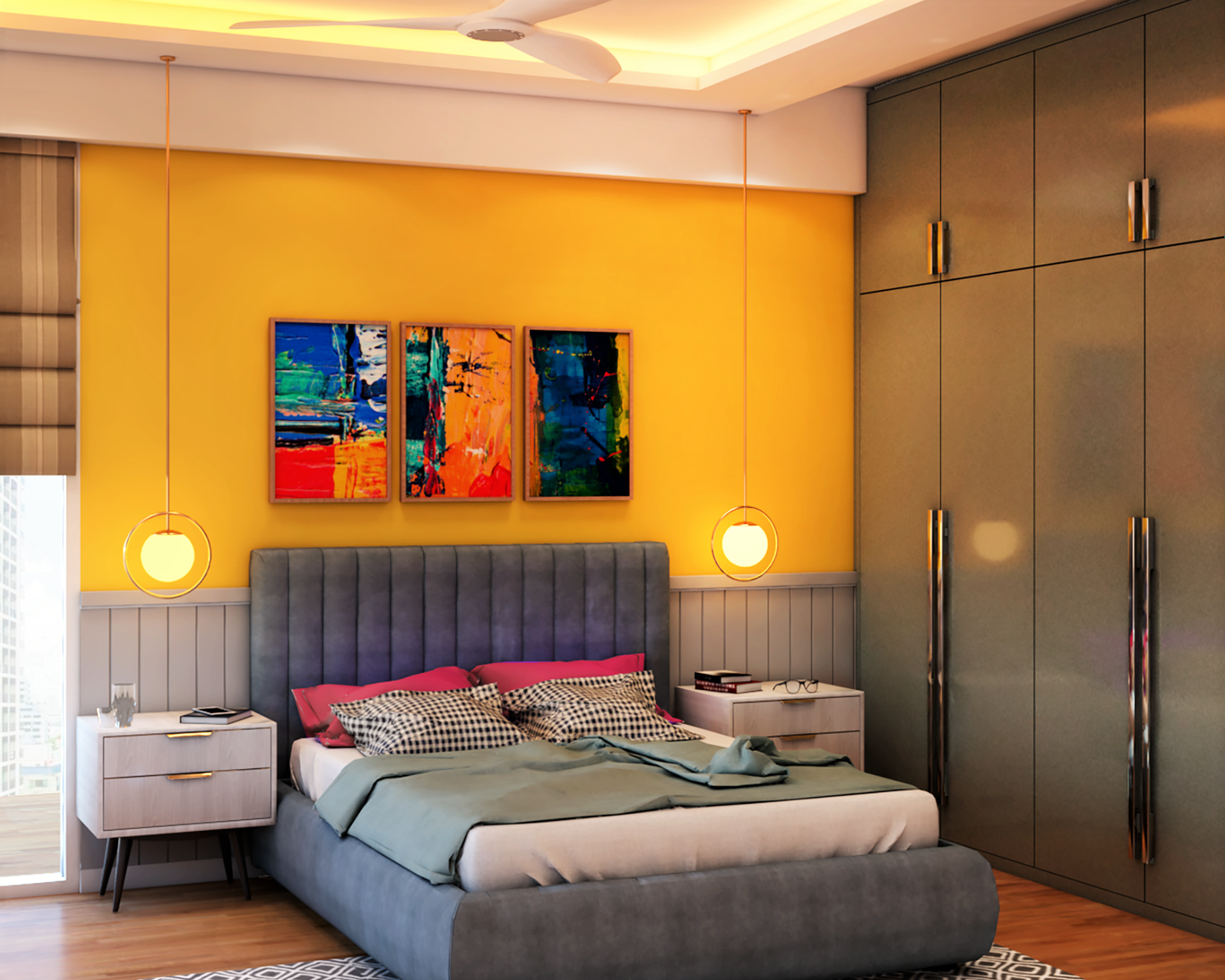 Yellow Themed Modern Kids Bedroom Design With Spacious Layout - Livspace