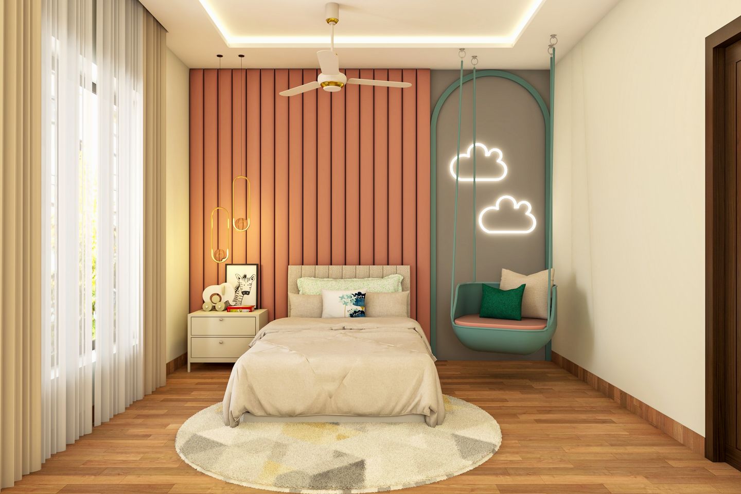 Kids' Bedroom Design with Cloud Shaped Lights - Livspace