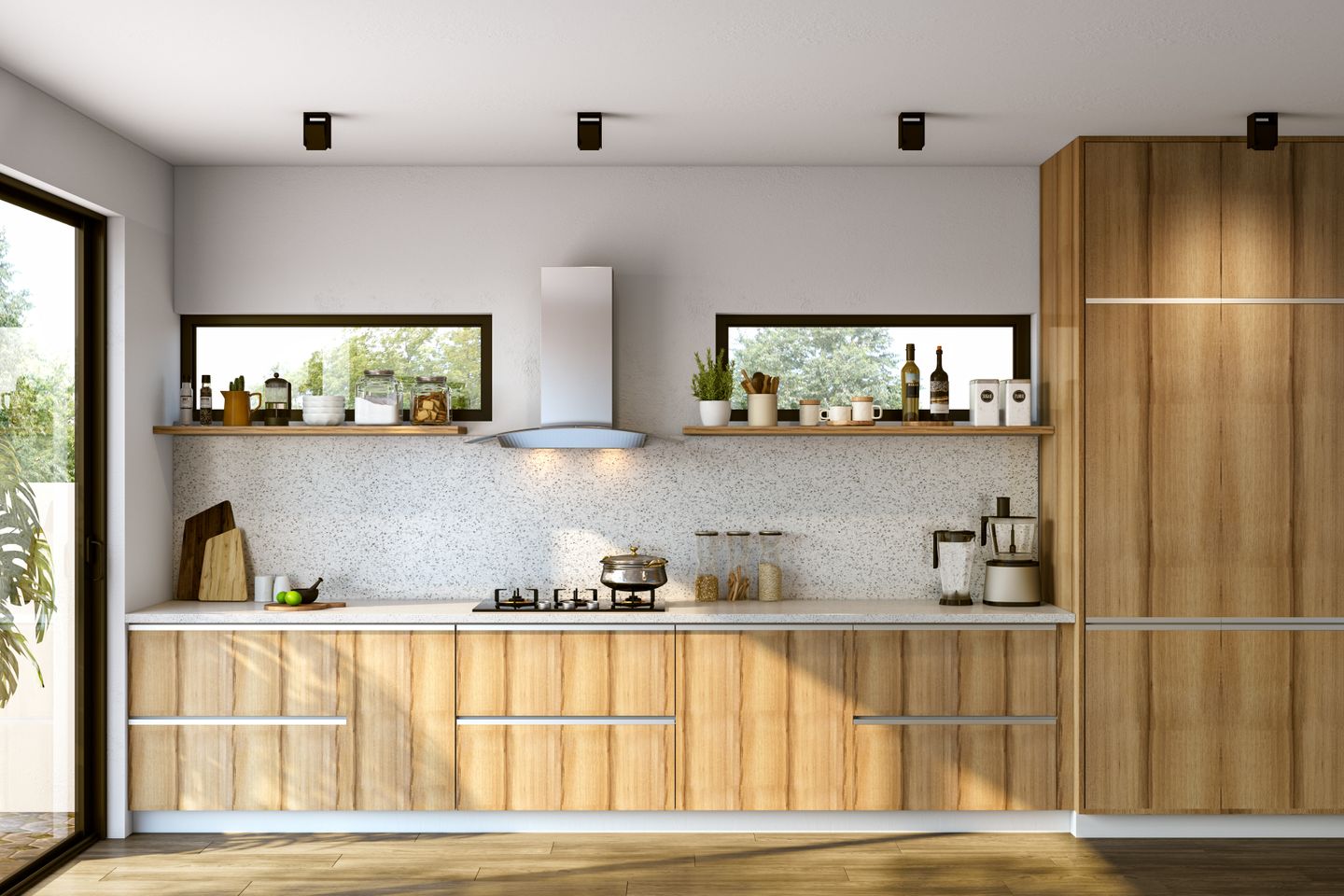 Wooden Kitchen with White Marble Backsplash and Open Ledges | Livspace