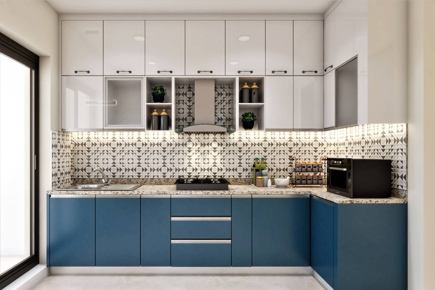 Convenient Modern Style L-Shaped Format Modular Kitchen Design | Livspace