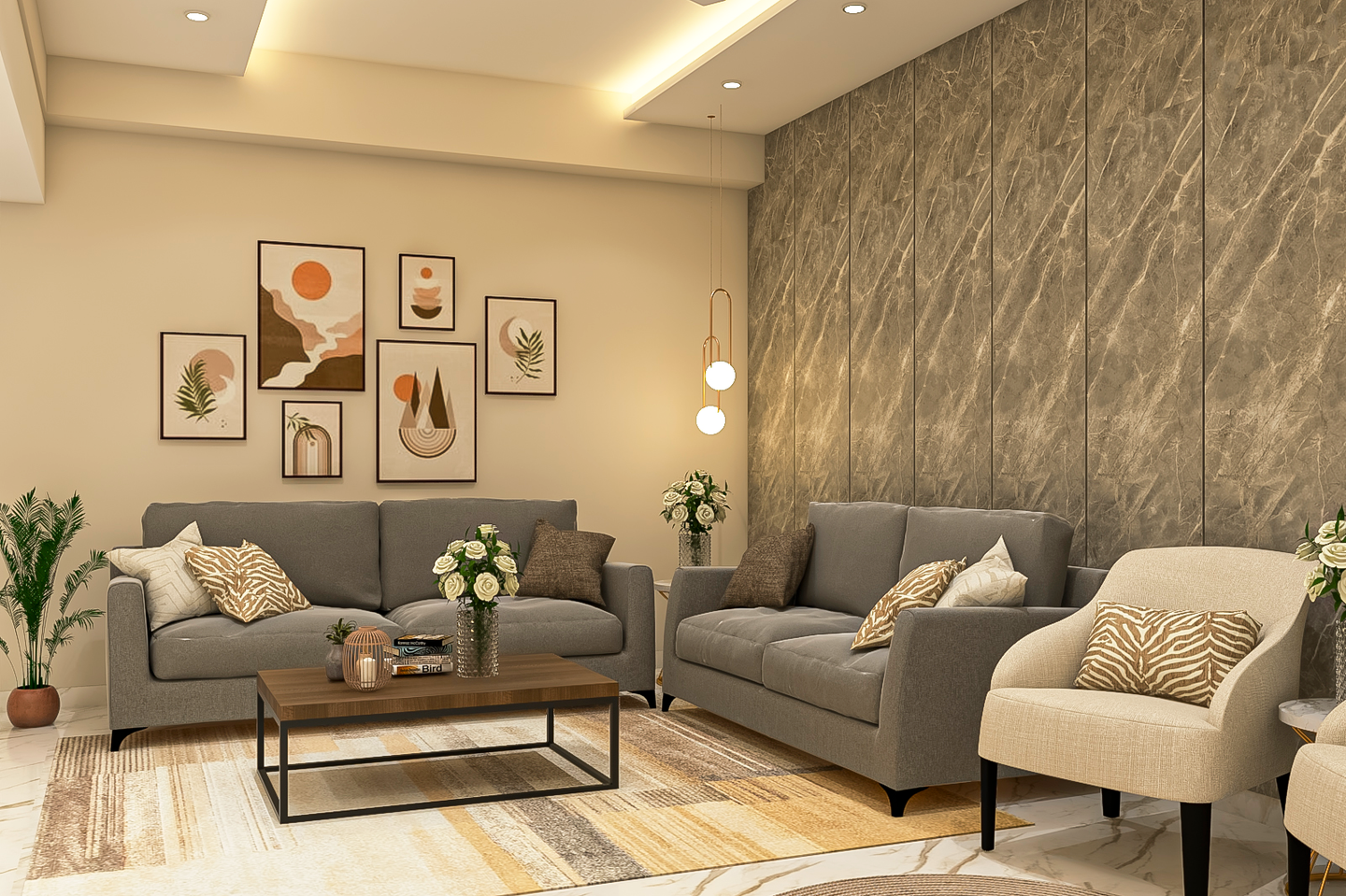 Marble Splash Wall Panelling Living Room Design with Grey Sofa Set - Livspace