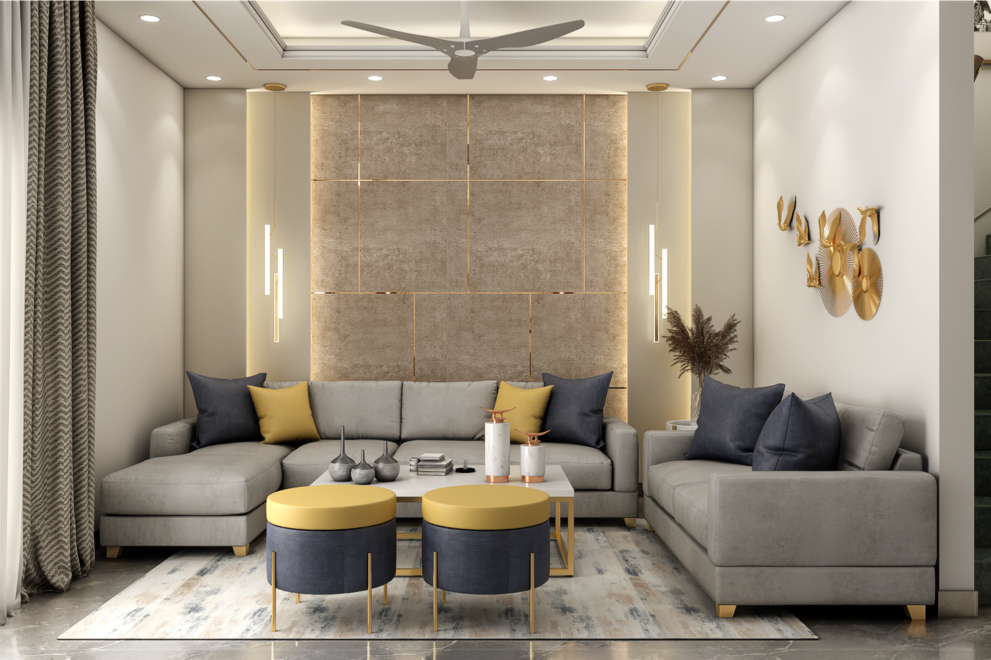Yellow and Grey Contemporary Compact Living Room Design with Textured Wall - Livspace