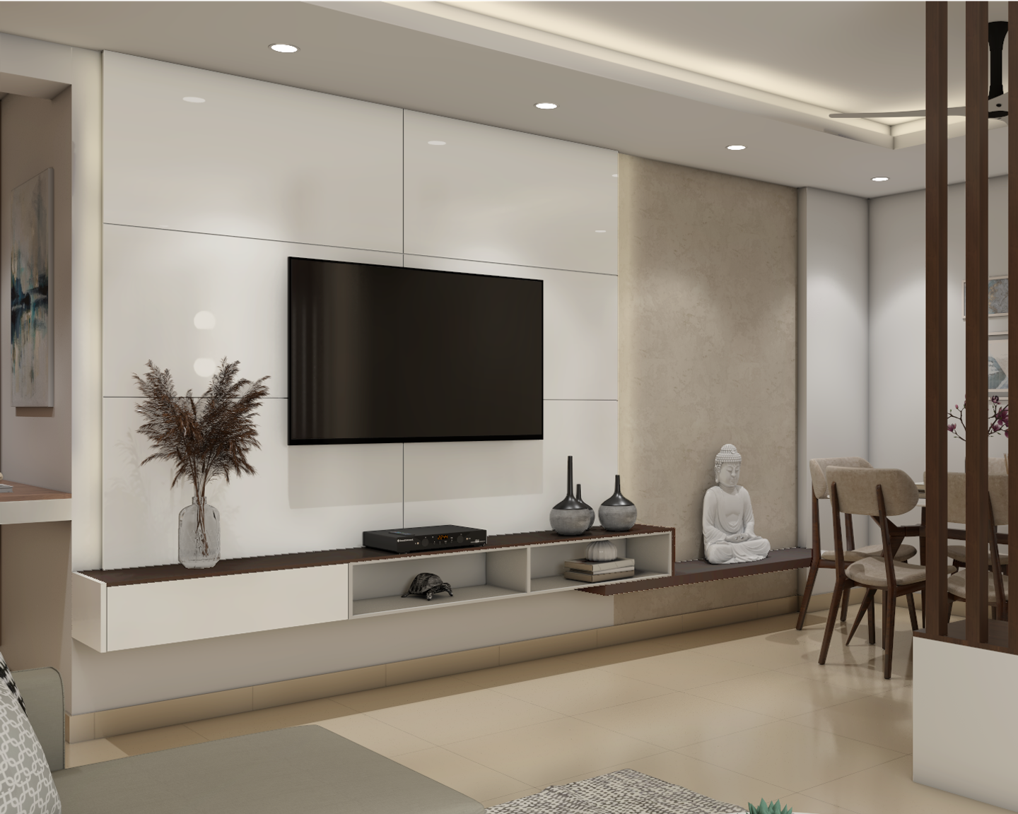 Multi-Functional Modern Living Room Design with Buddha Idol - Livspace