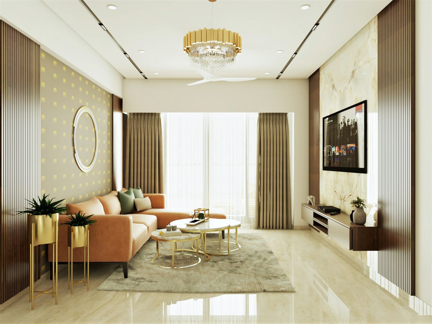 L-Shaped Light Brown Sofa Contemporary Spacious Living Room Design - Livspace