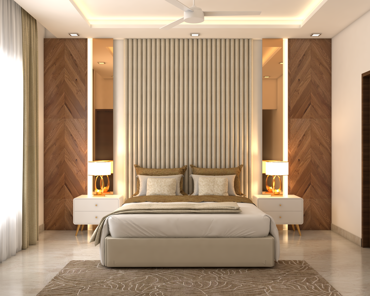 Modern Spacious Master Bedroom Design with Golden Wooden Panels - Livspace