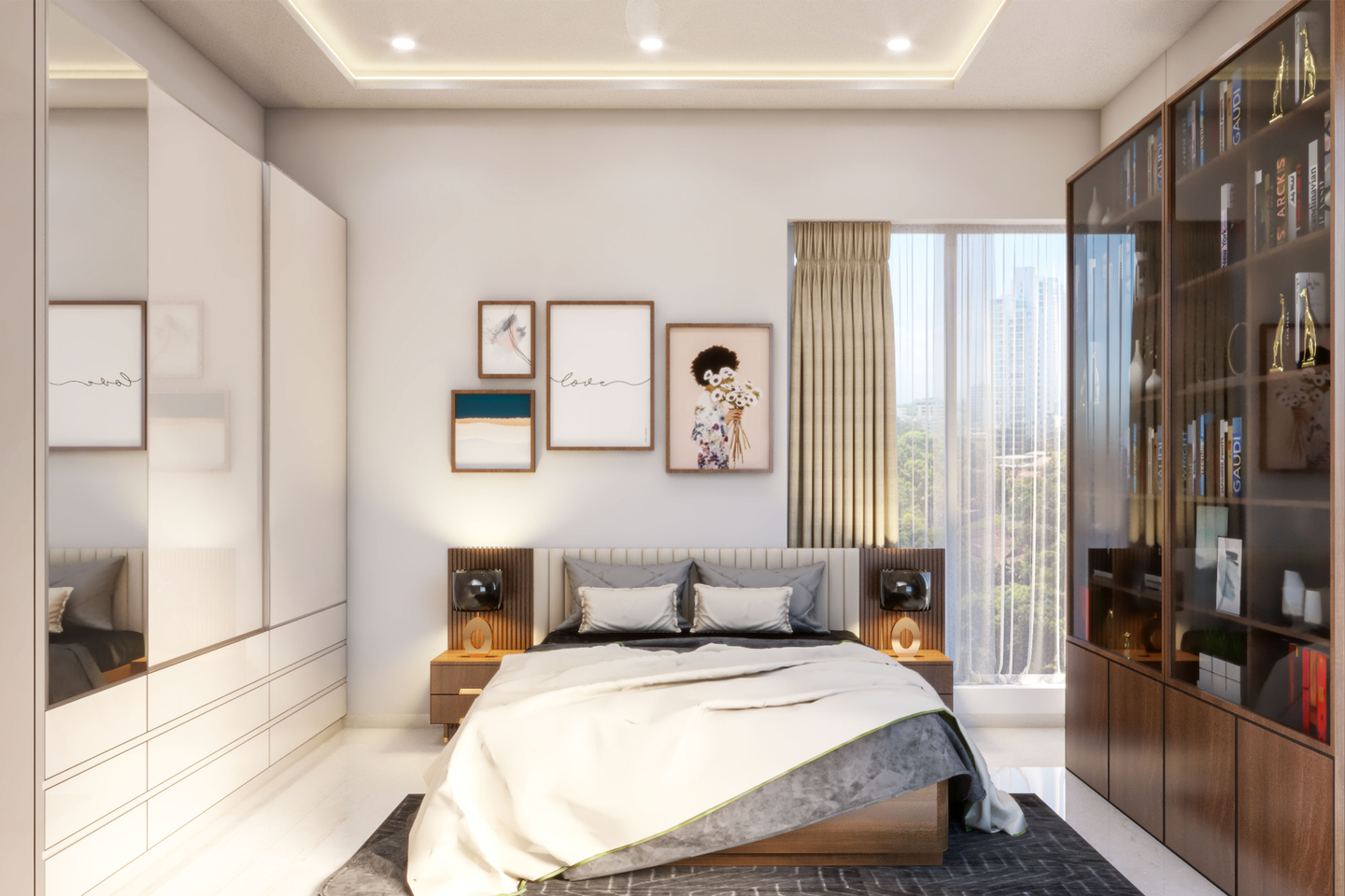 Contemporary Spacious Master Bedroom Design with Long Mirror | Livspace