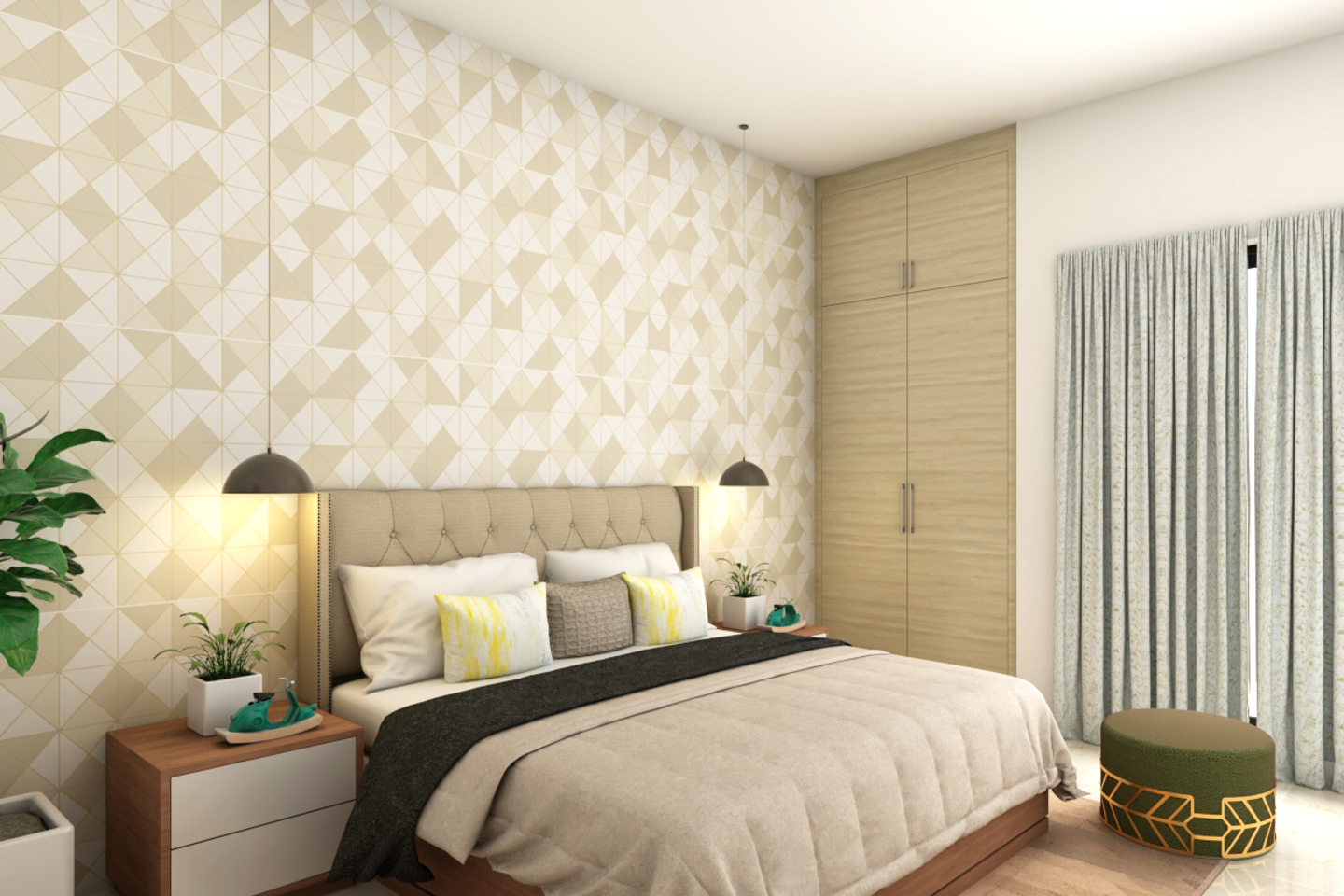 Modern Compact Master Bedroom Design with Floral Pattern - Livspace