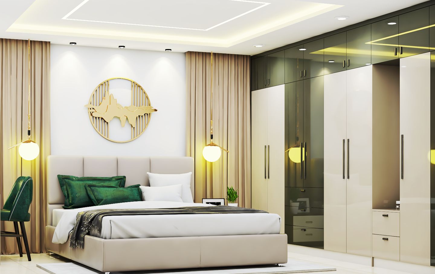 Golden Mid-Century Modern Spacious Master Bedroom Design - Livspace