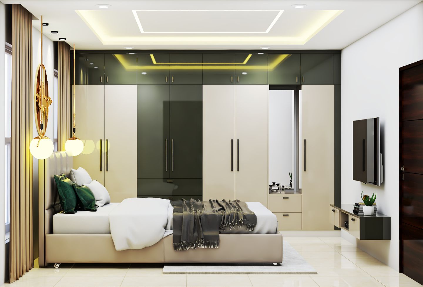 Golden Mid-Century Modern Spacious Master Bedroom Design | Livspace