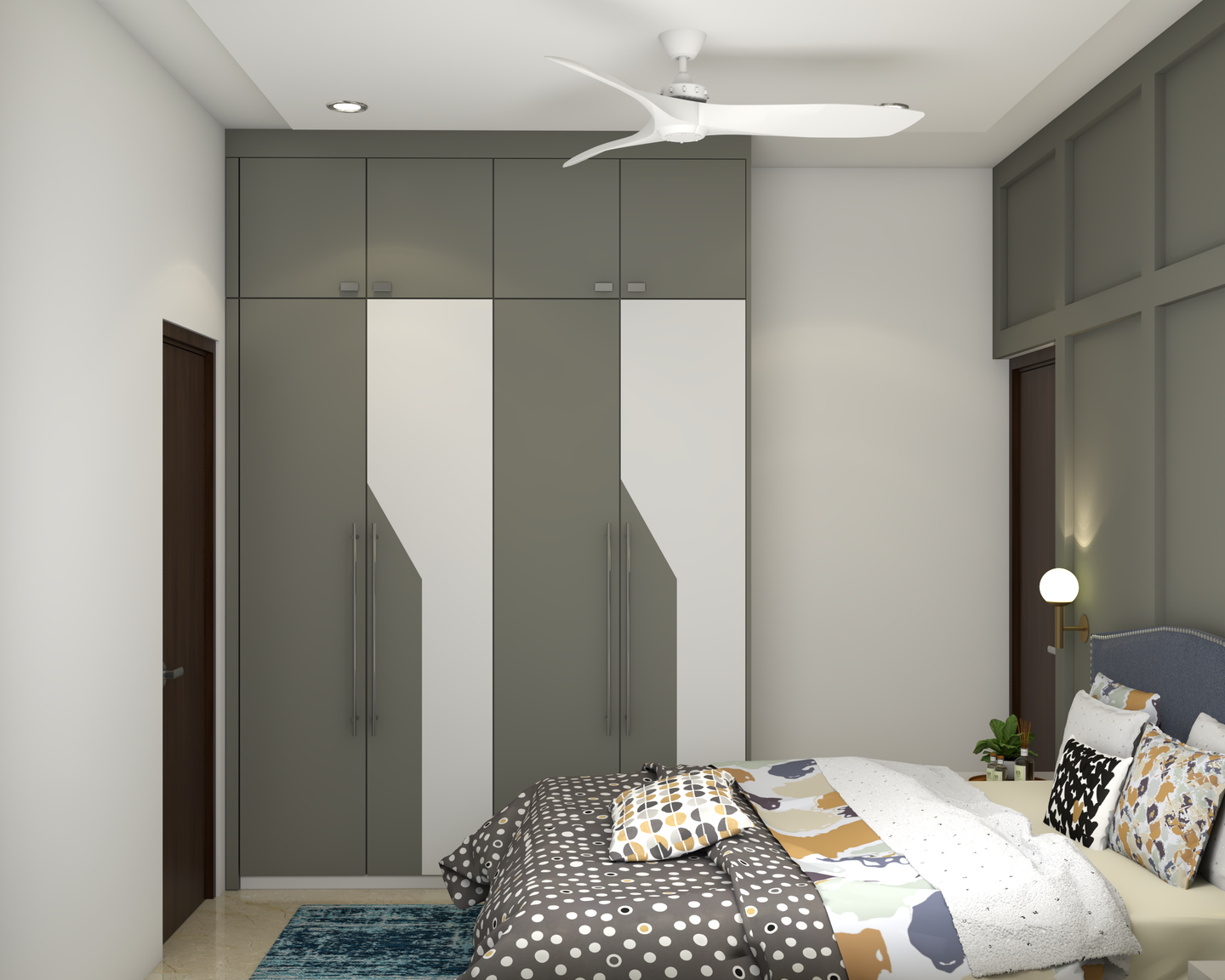 Grey Contemporary Compact Master Bedroom Design with Wardrobe Unit - Livspace