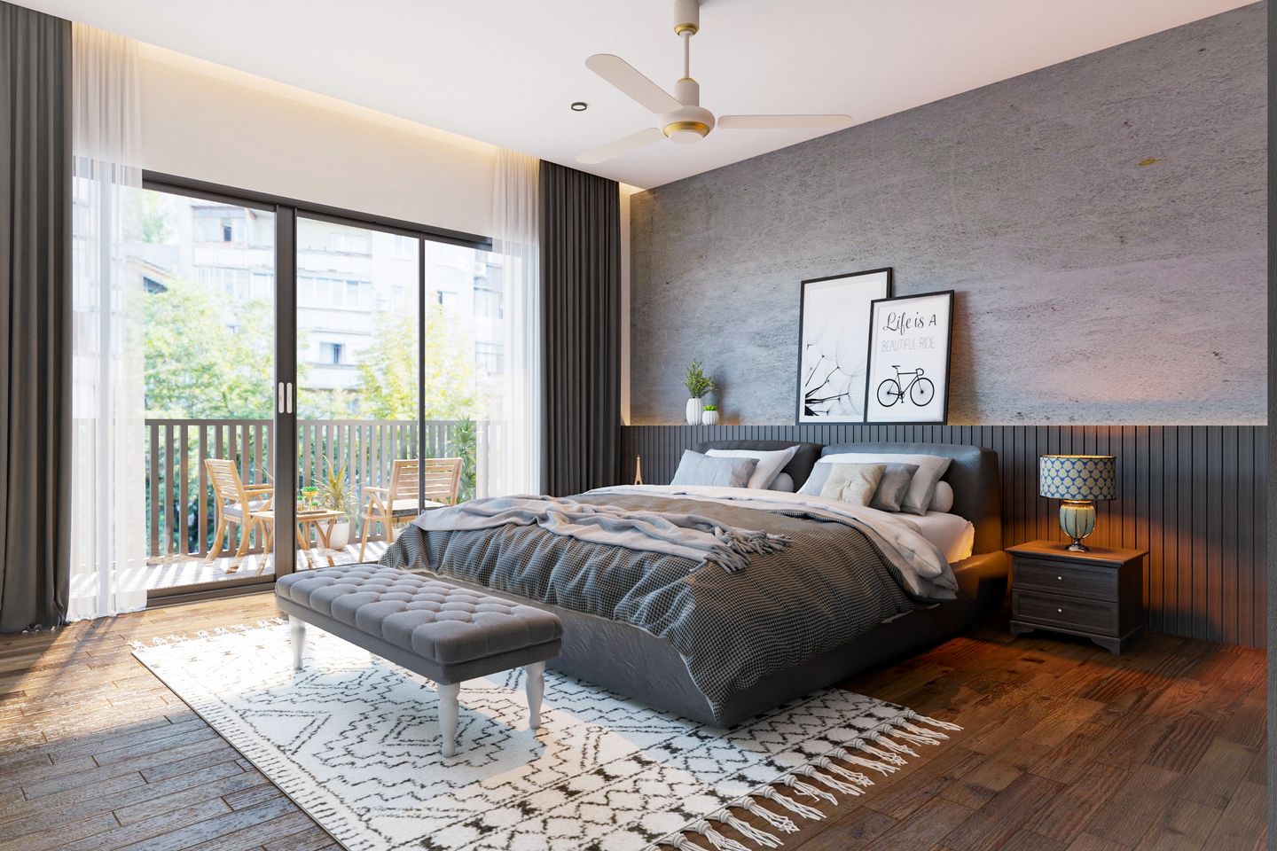 Grey Modern Spacious Master Bedroom Design with Sliding Door Balcony - Livspace