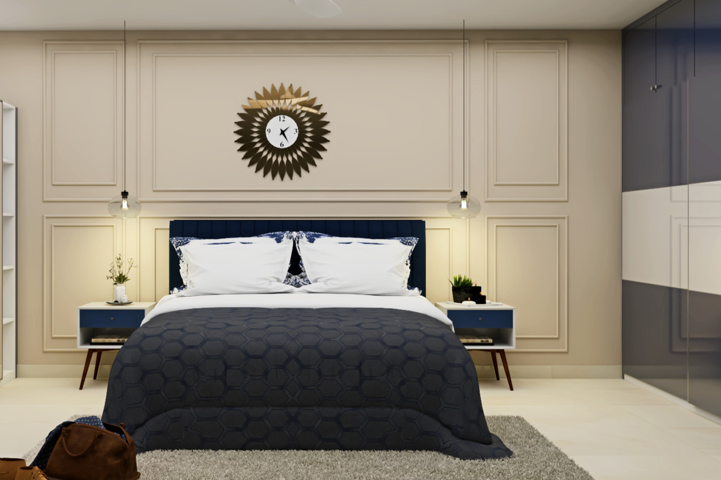 Navy Blue Contemporary Spacious Master Bedroom Interior Design - Livspace